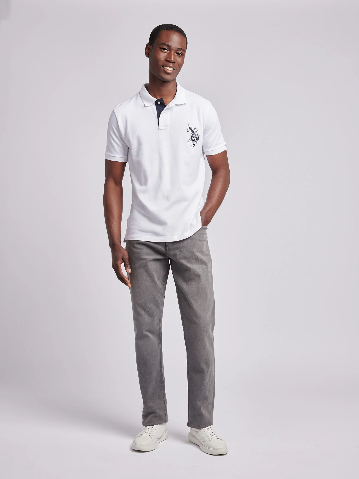 Mens Large Player Pique Polo Shirt in White / Dark Sapphire Navy DHM - Image 3