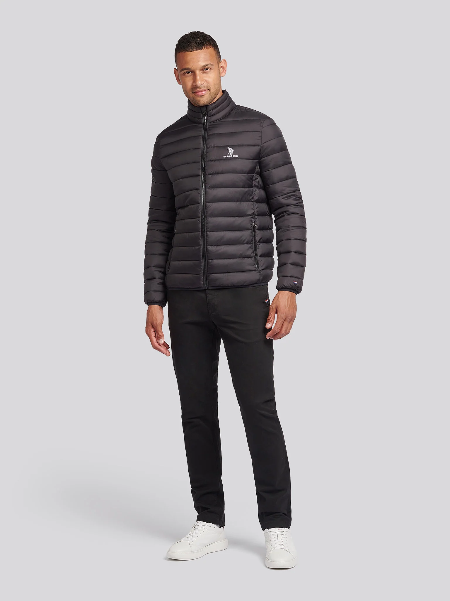 Mens Lightweight Bound Quilted Jacket Black Bright White DHM - Image 6