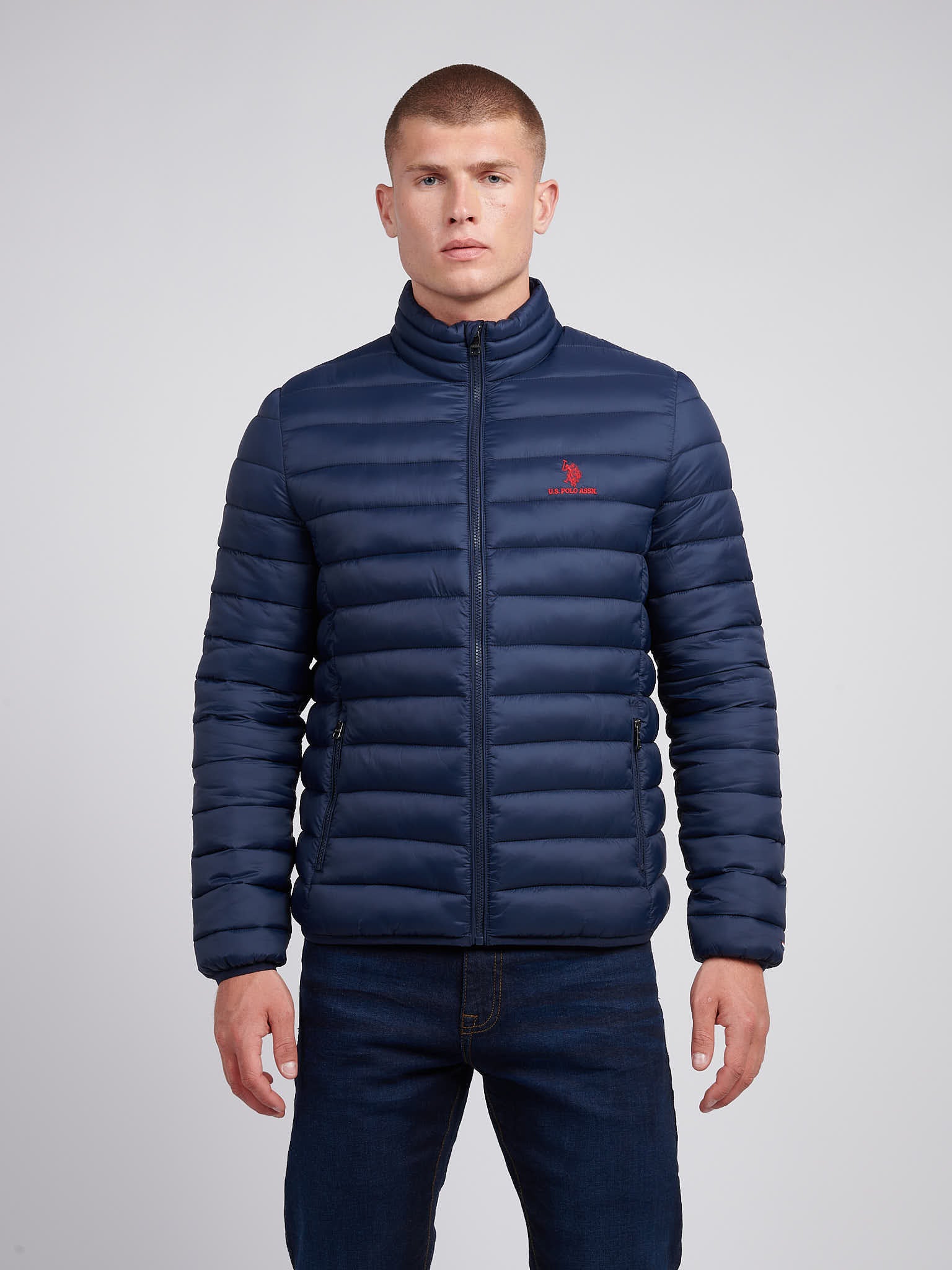 Mens Lightweight Bound Quilted Jacket Dark Sapphire Navy / Haute Red DHM