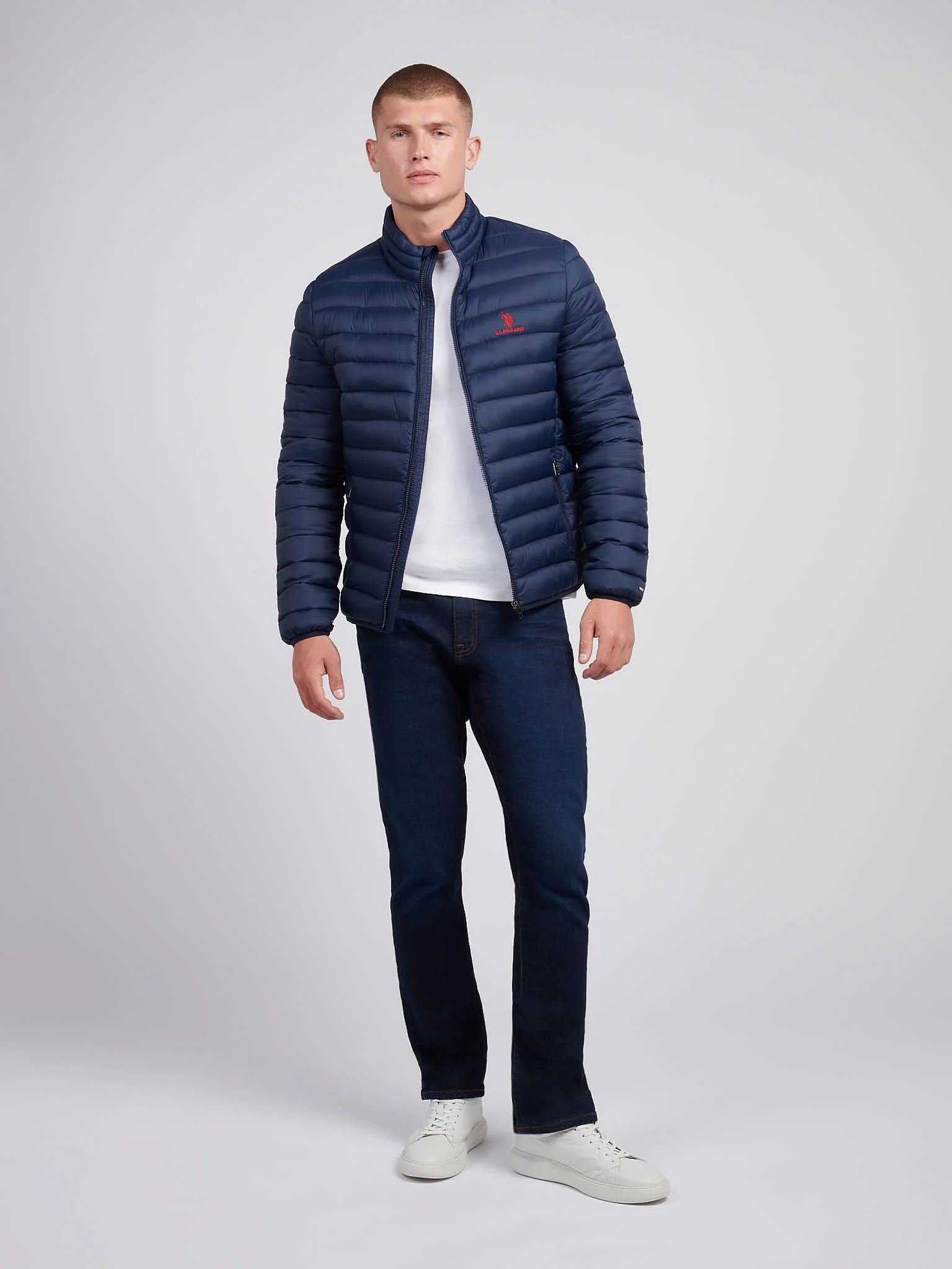 Mens Lightweight Bound Quilted Jacket Dark Sapphire Navy / Haute Red DHM - Image 2
