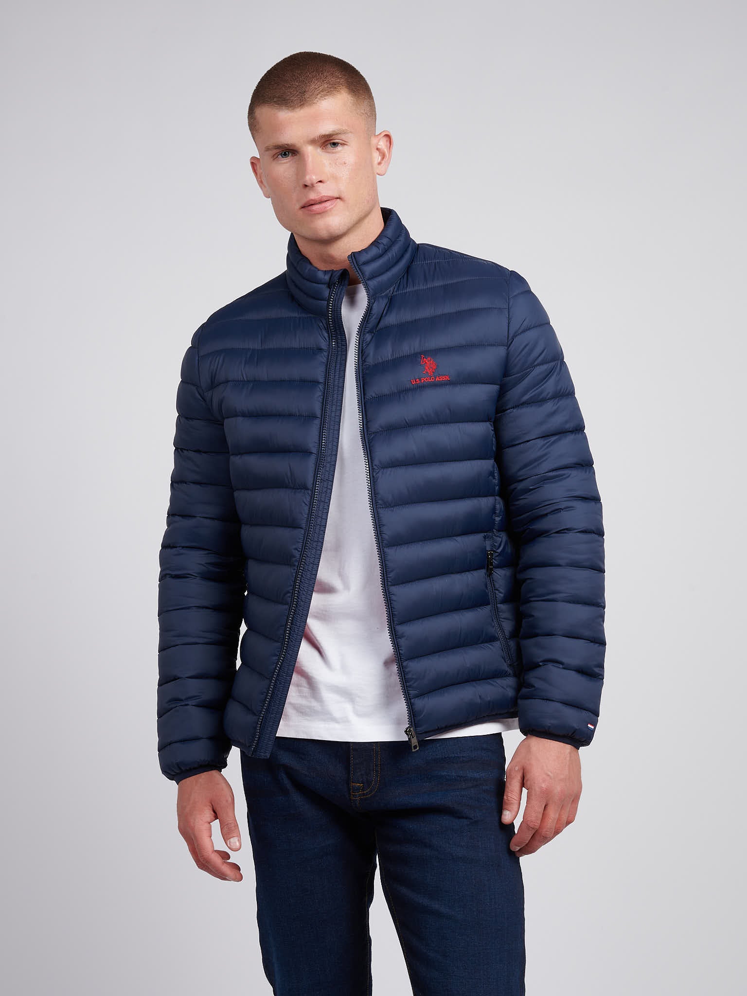 Mens Lightweight Bound Quilted Jacket Dark Sapphire Navy / Haute Red DHM - Image 4