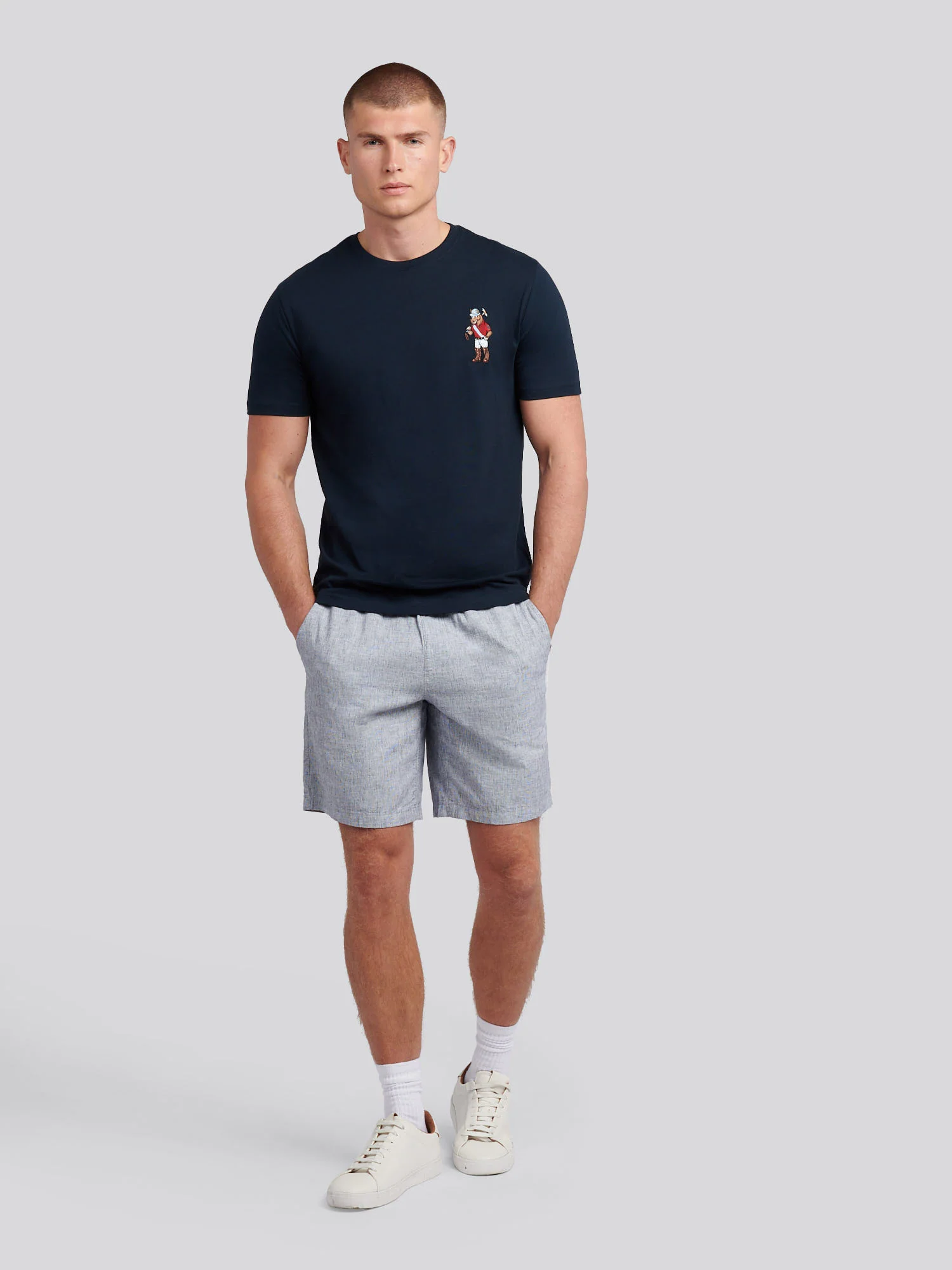 Mens Linen Blend Drawstring Short in Dark Sapphire Navy / Moonlight Blue DHM - Image 3