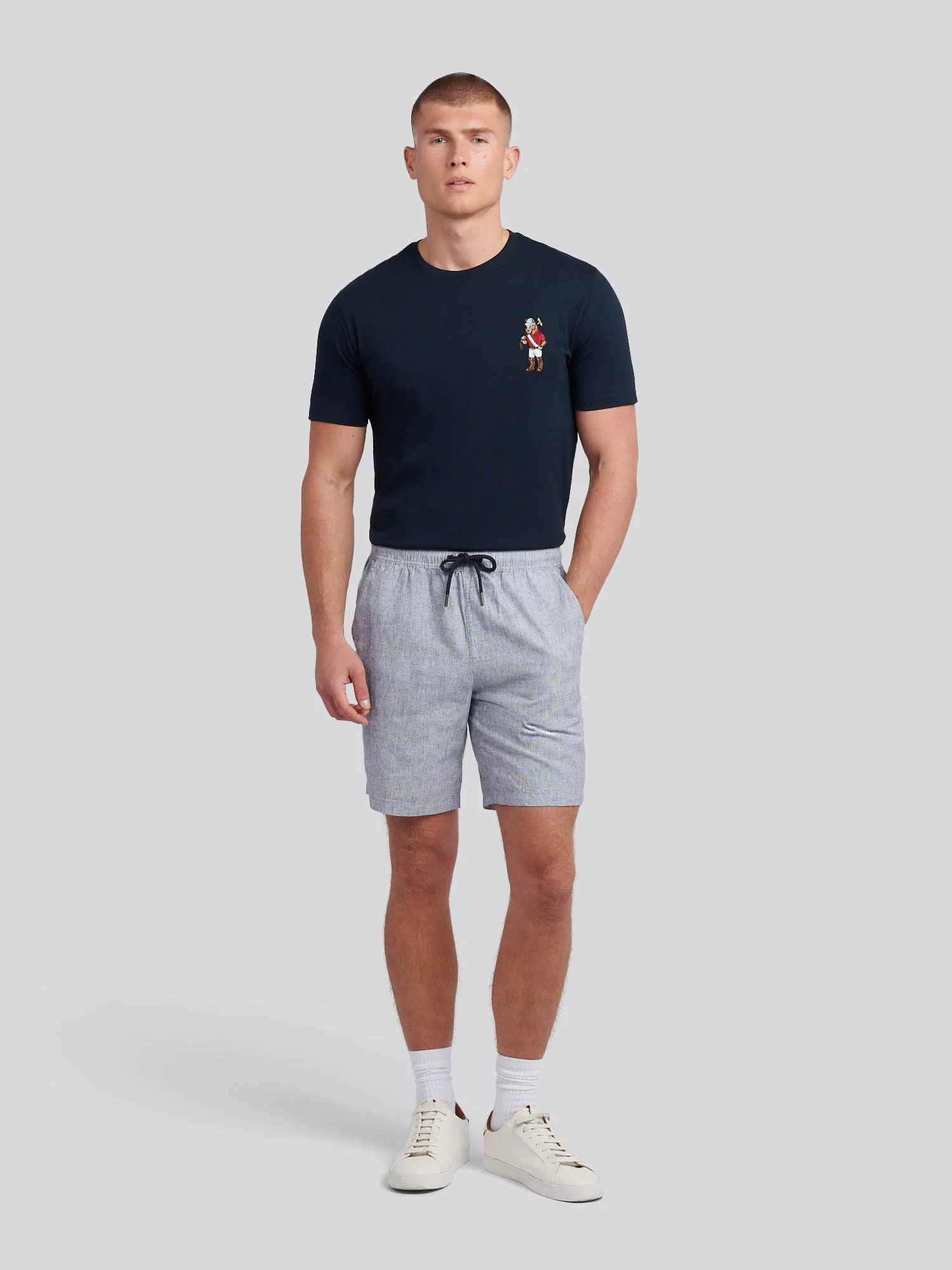 Mens Linen Blend Drawstring Short in Dark Sapphire Navy / Moonlight Blue DHM - Image 5