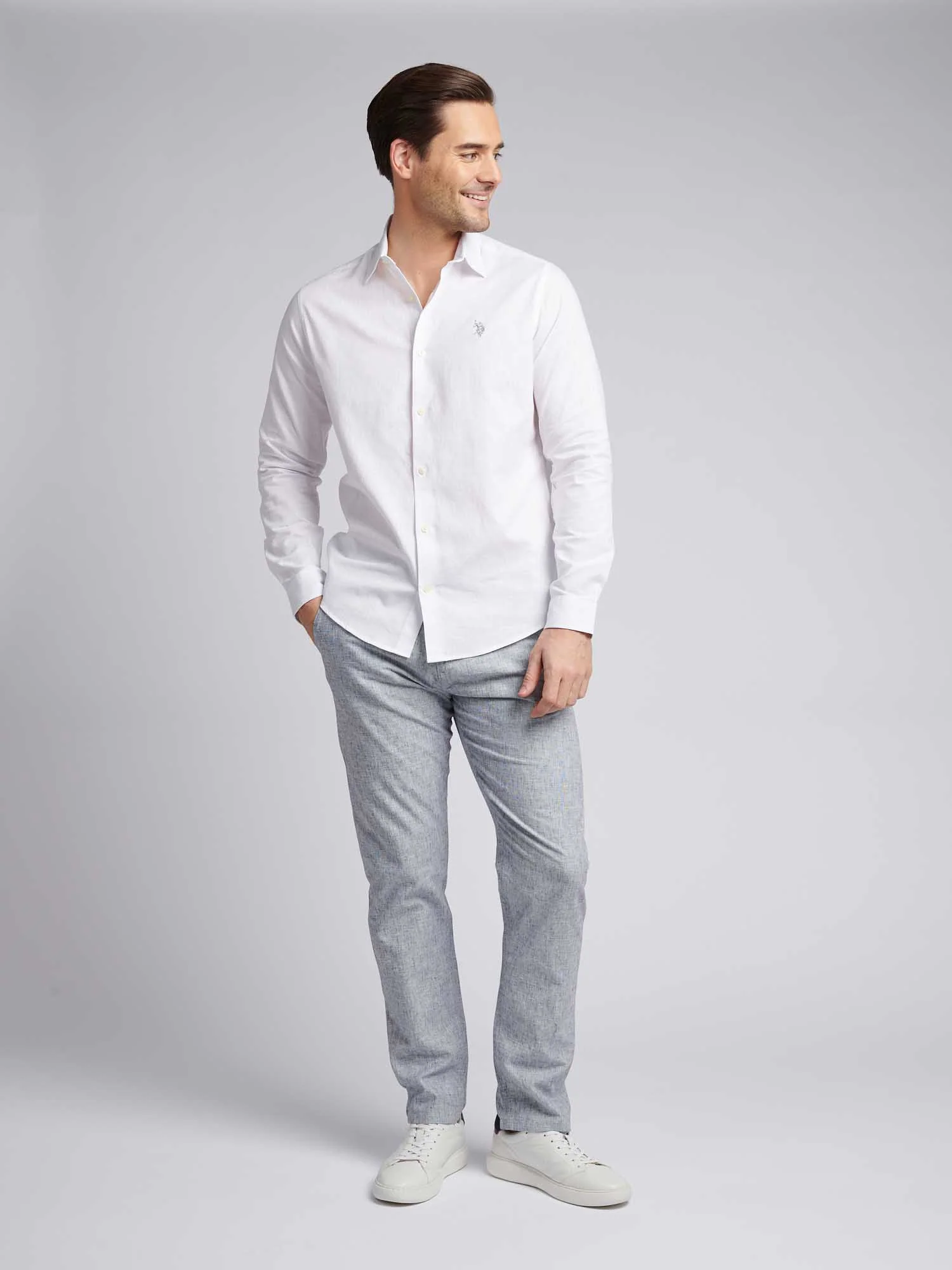 Mens Linen Blend Shirt Bright White / Harbour Mist - Image 4
