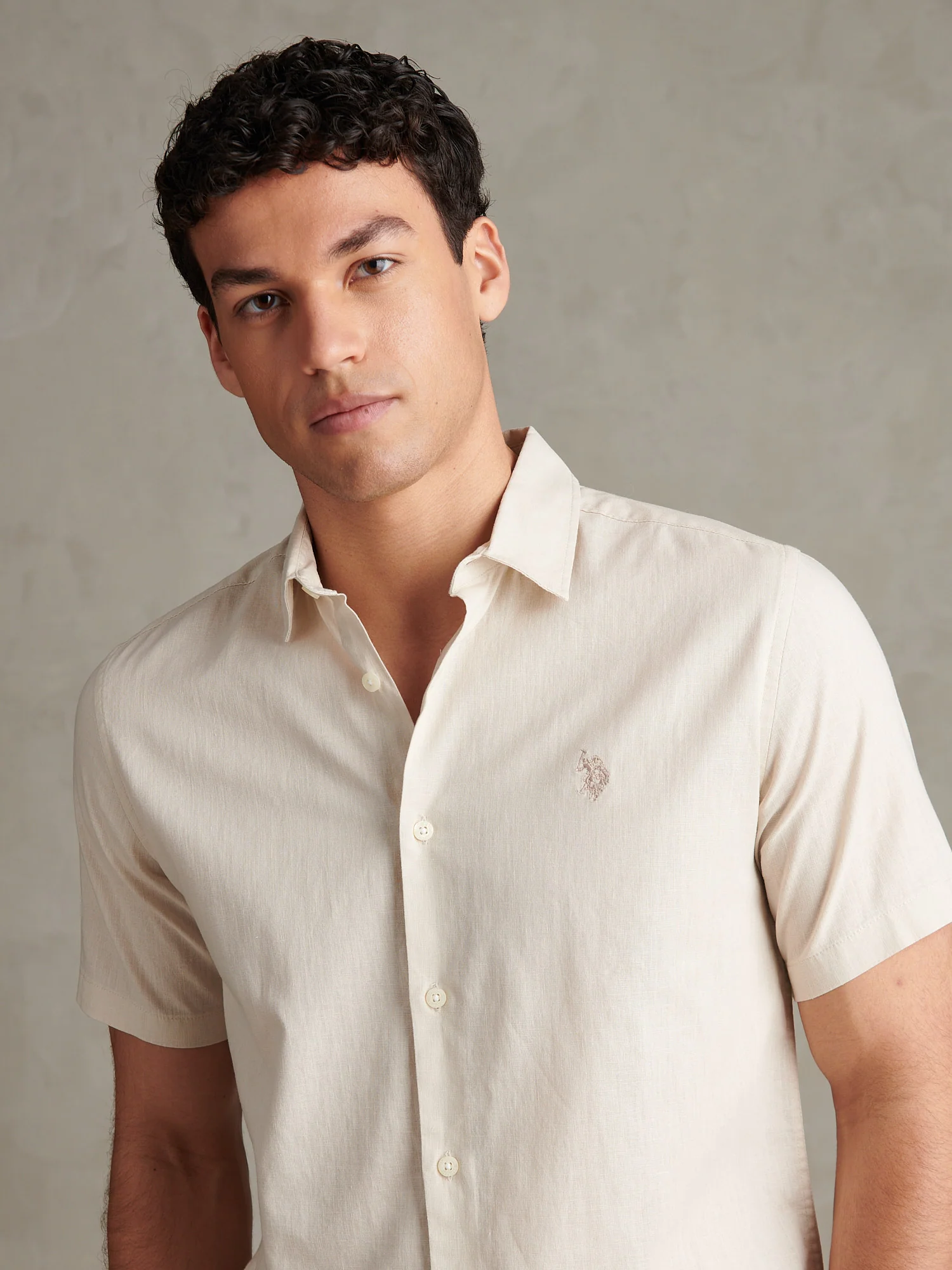 Mens Linen Blend Short Sleeve Shirt Beige - Image 2