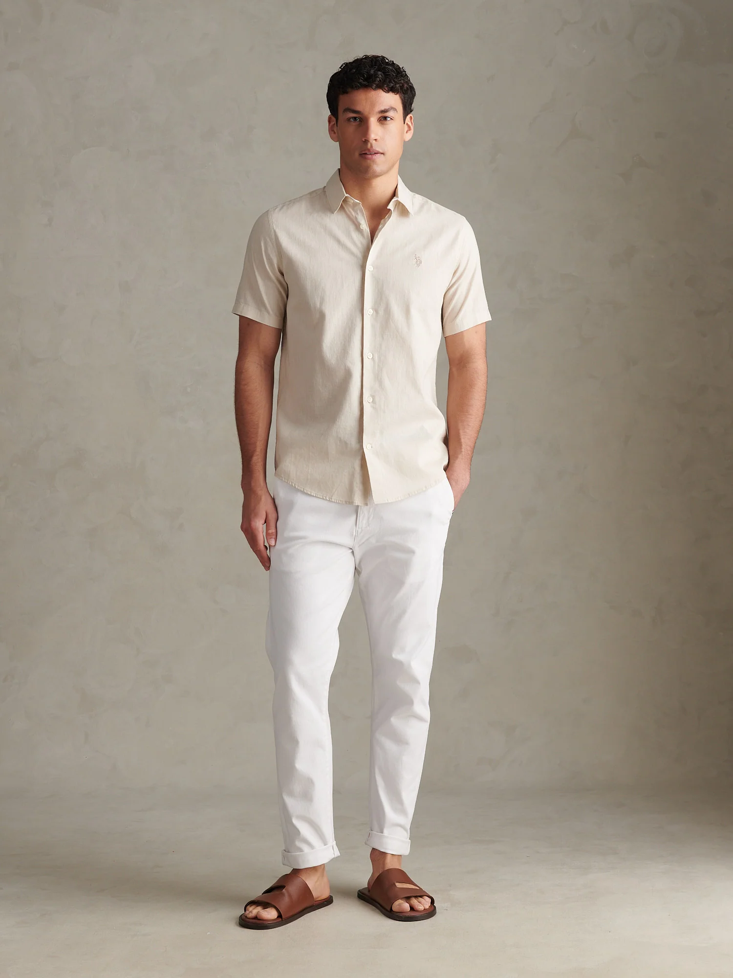 Mens Linen Blend Short Sleeve Shirt Beige - Image 3