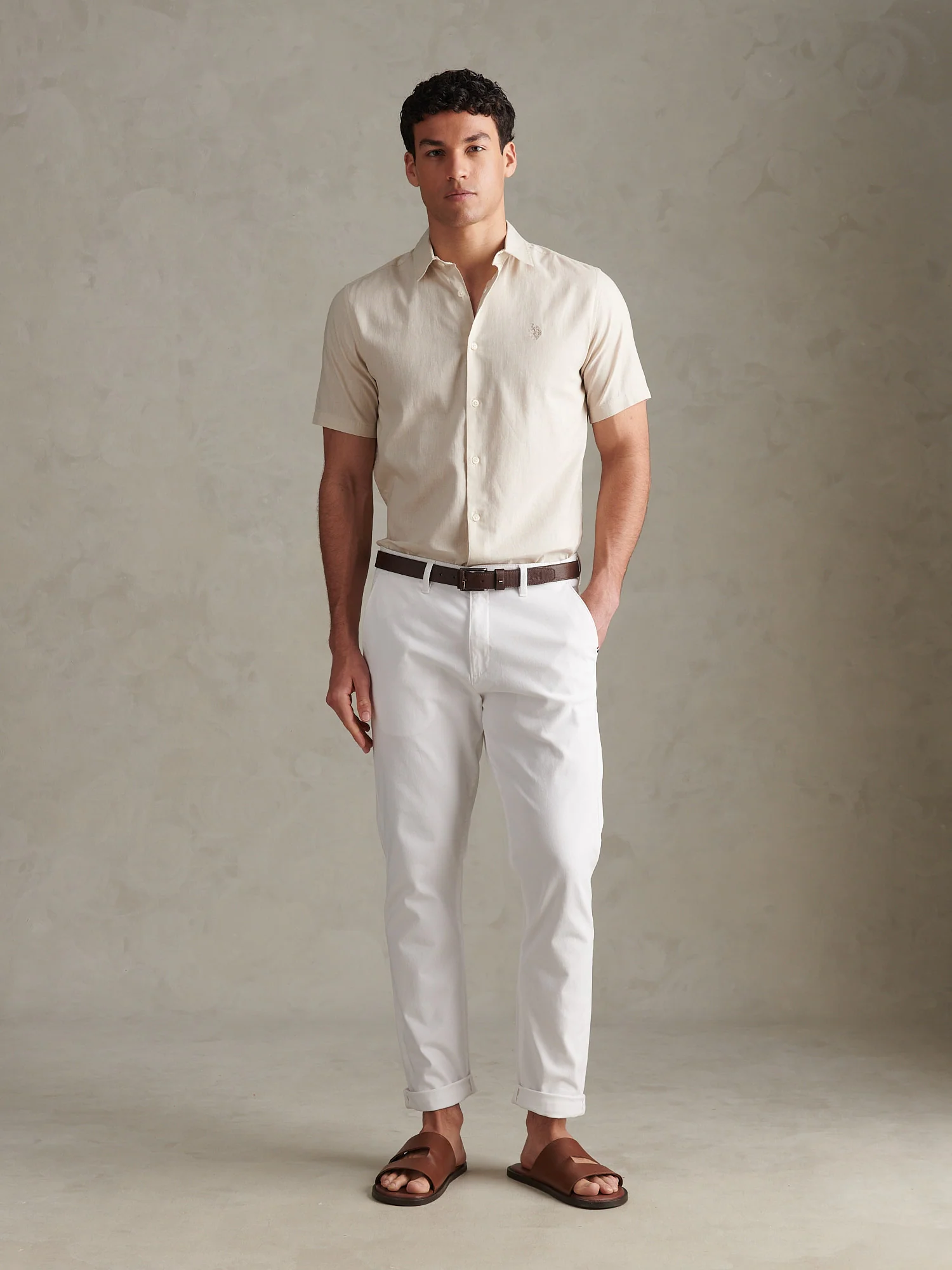Mens Linen Blend Short Sleeve Shirt Beige - Image 5