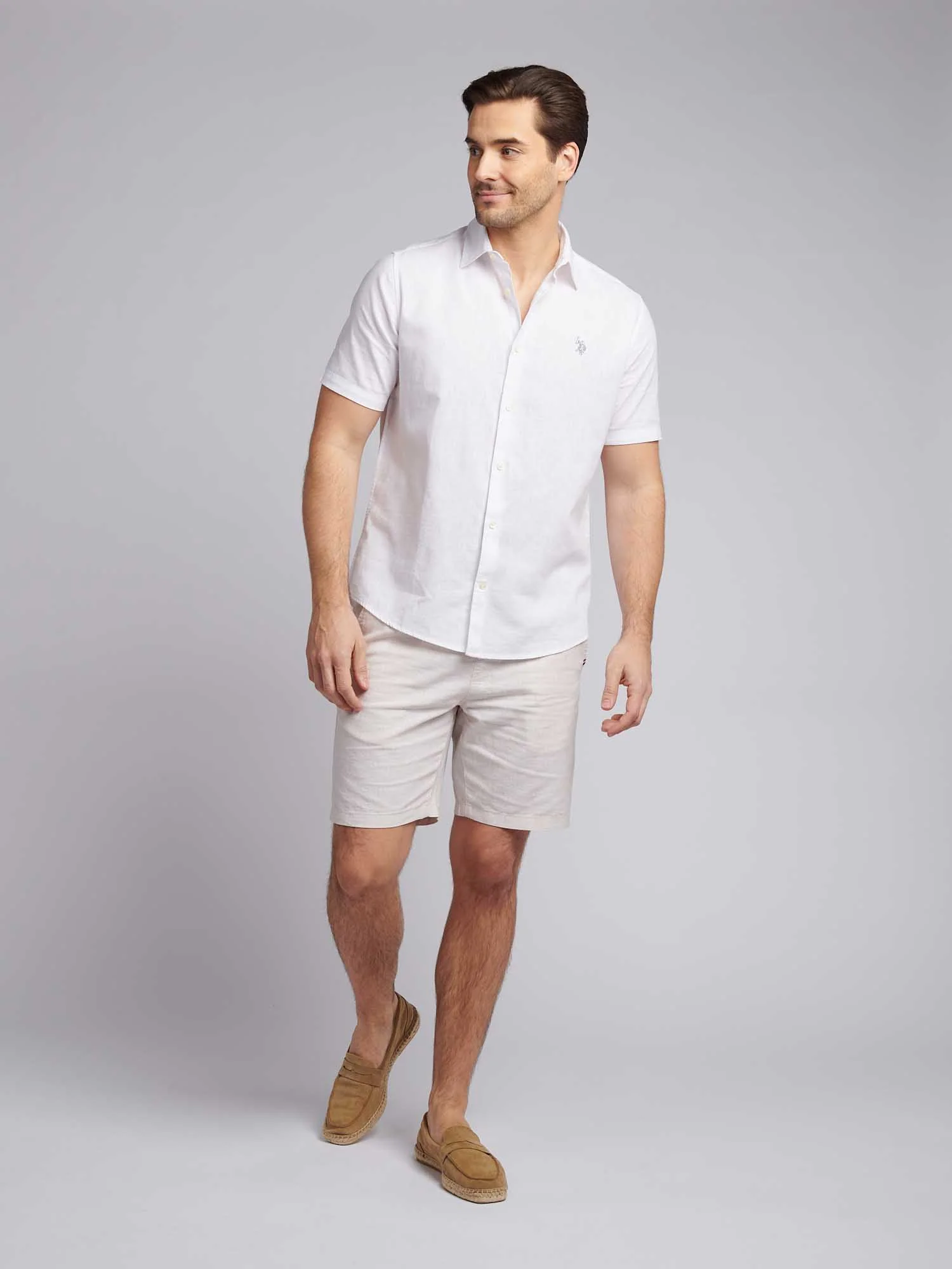 Mens Linen Blend Short Sleeve Shirt Bright White / Harbour Mist - Image 4