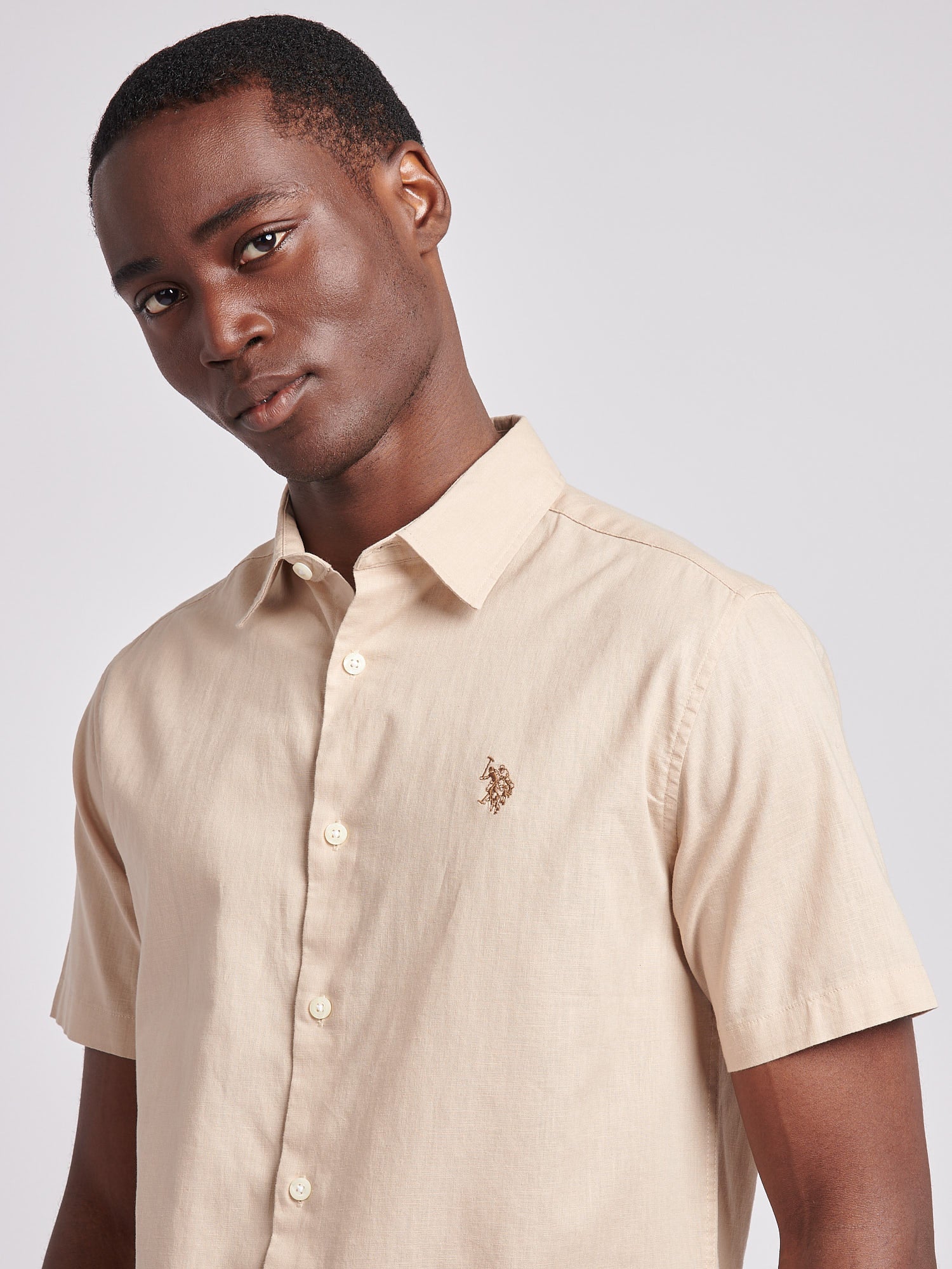 Mens Linen Blend Short Sleeve Shirt Doeskin - Image 2