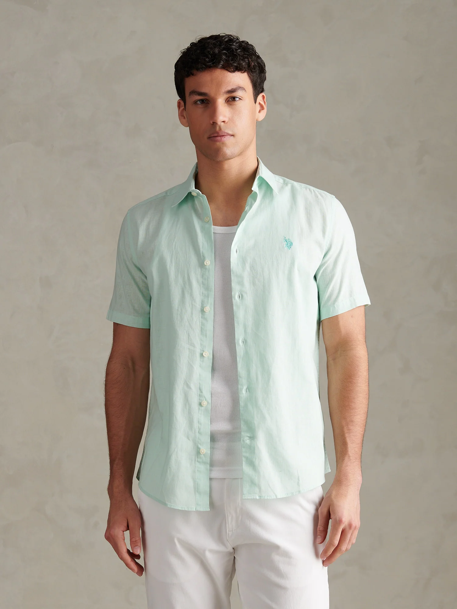 Mens Linen Blend Short Sleeve Shirt Honeydew
