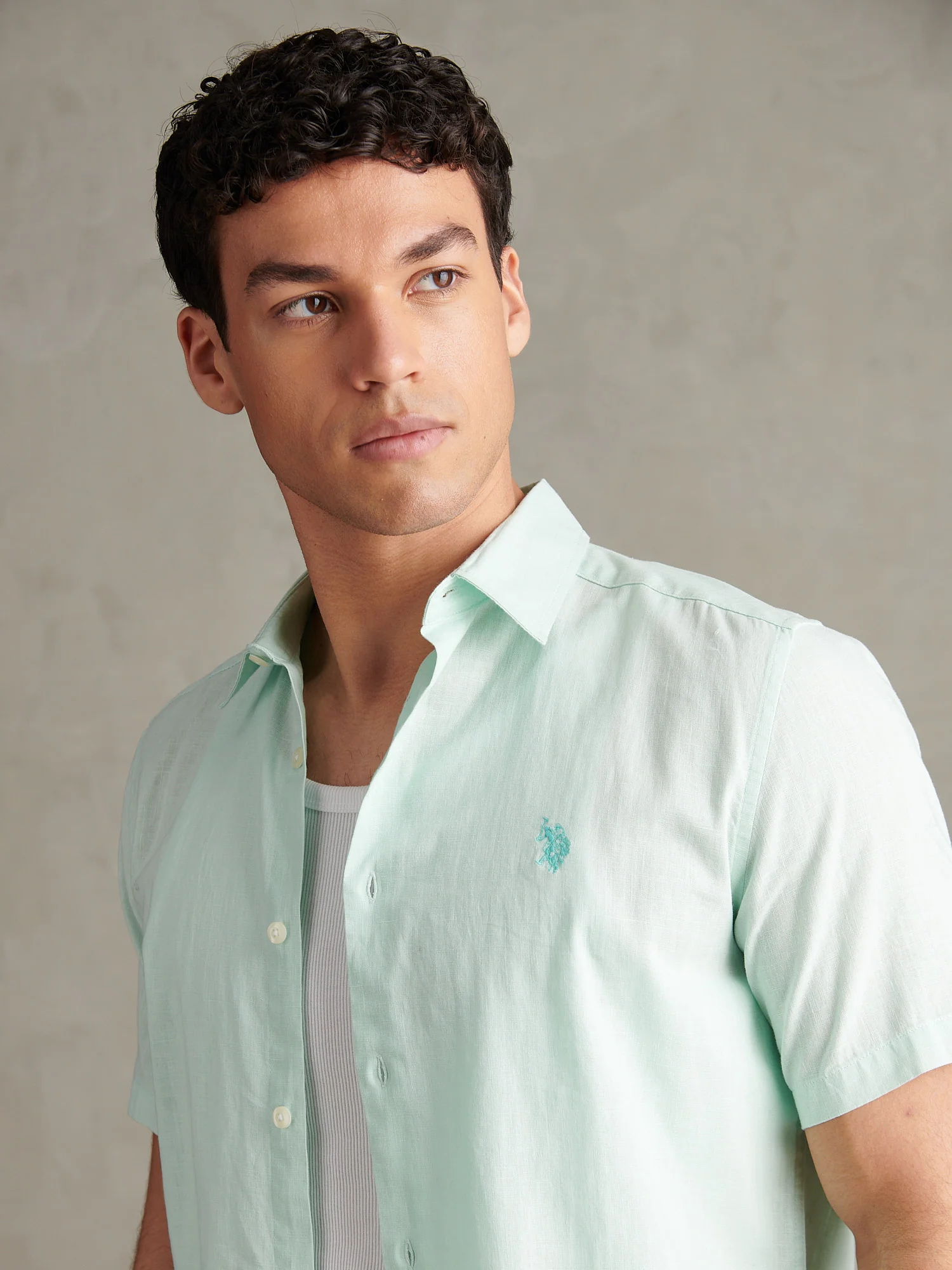 Mens Linen Blend Short Sleeve Shirt Honeydew - Image 2