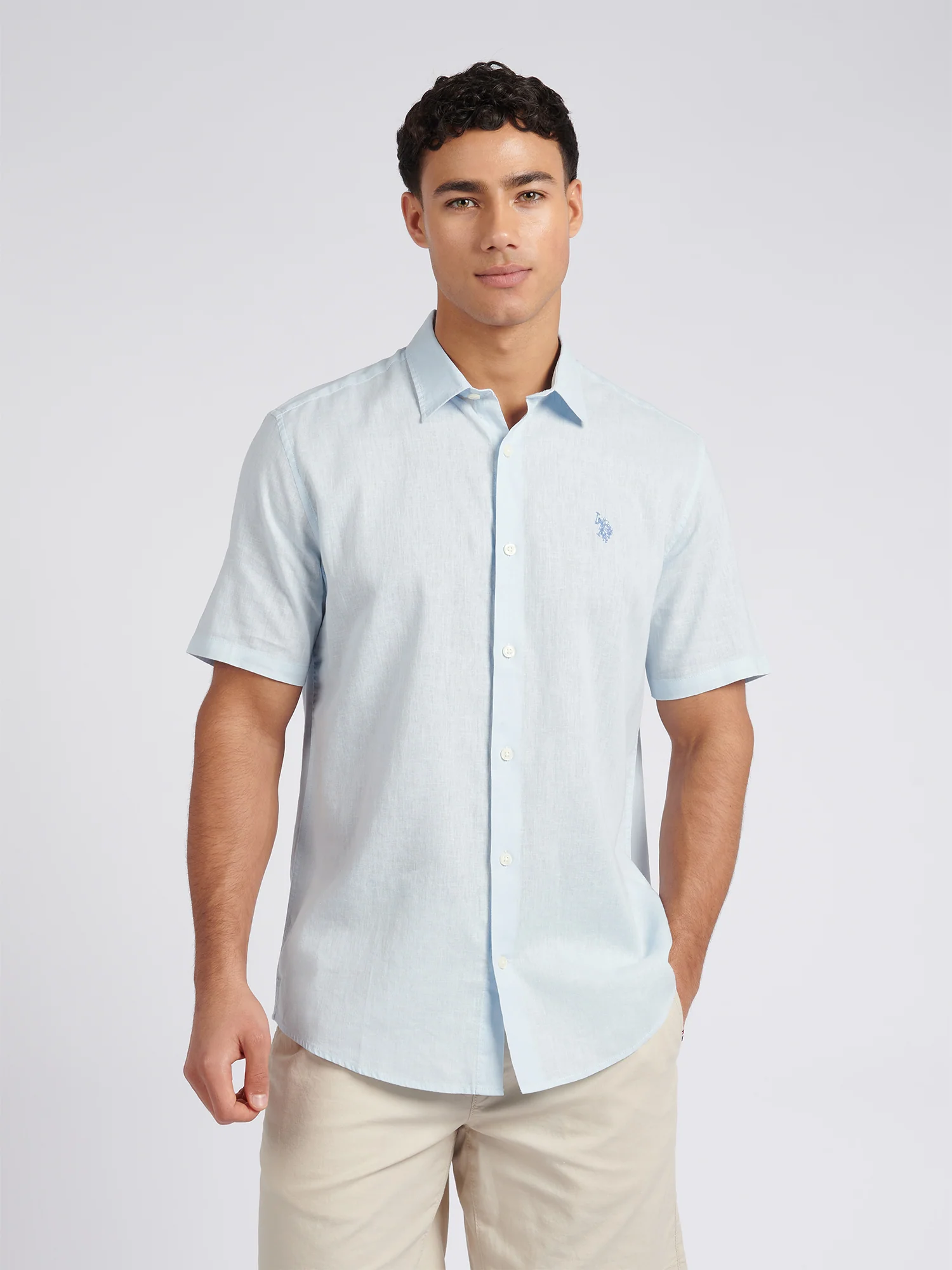 Mens Linen Blend Short Sleeve Shirt Ice Blue