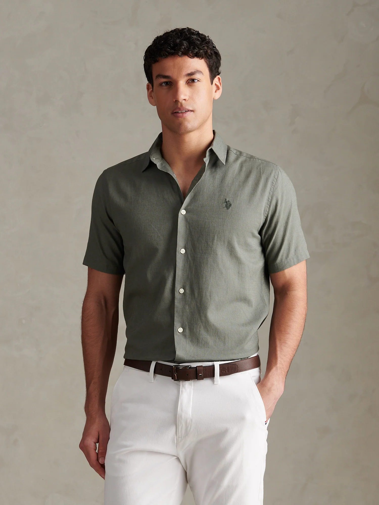 Mens Linen Blend Short Sleeve Shirt Mulled Basil