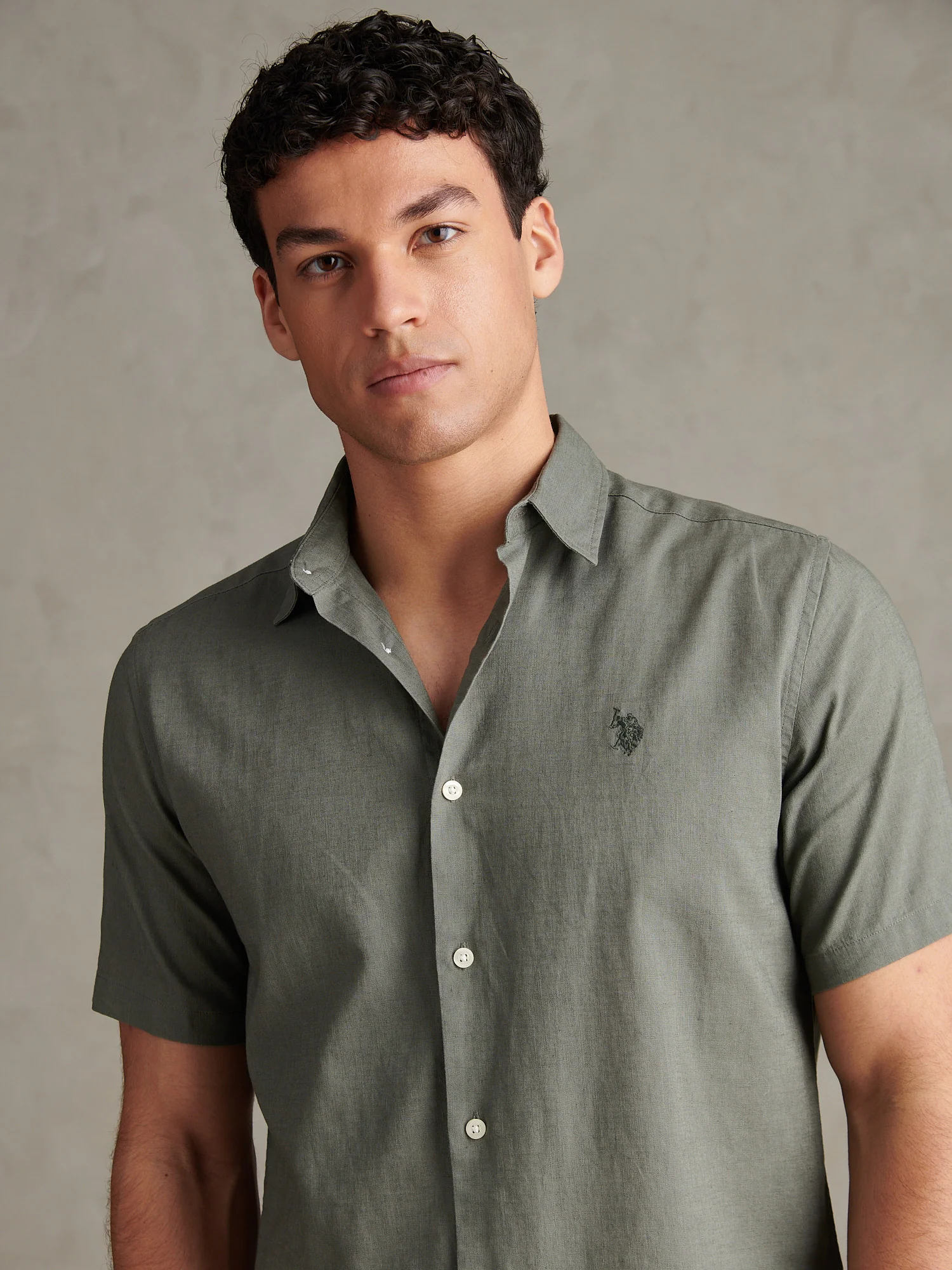 Mens Linen Blend Short Sleeve Shirt Mulled Basil - Image 2
