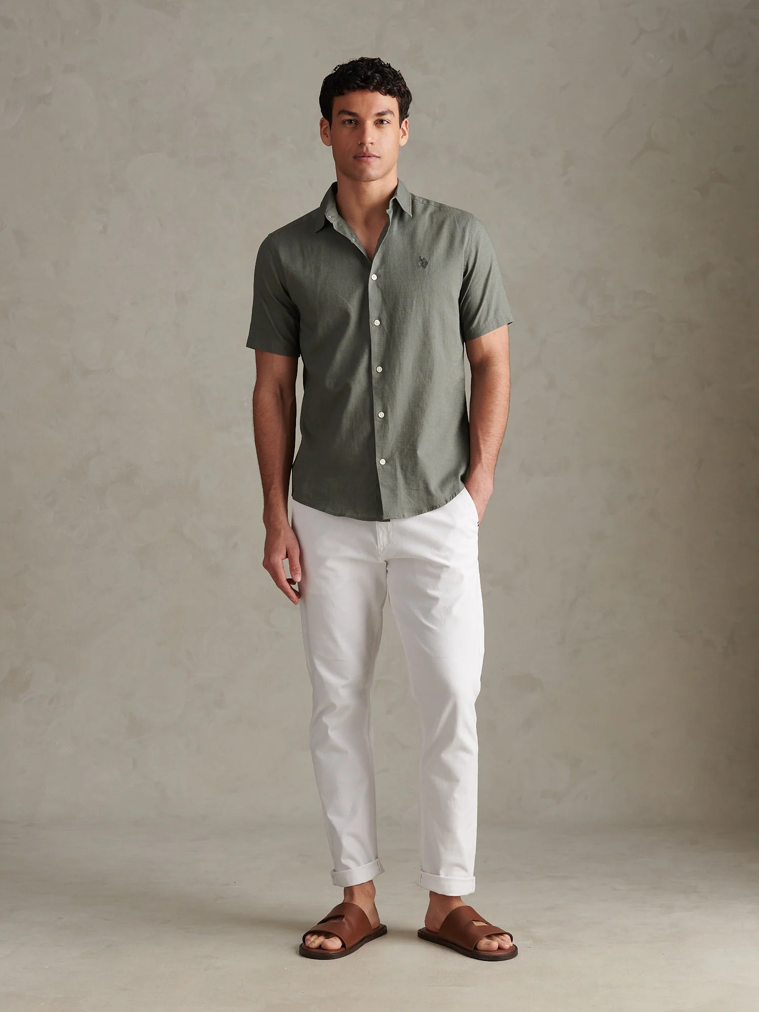 Mens Linen Blend Short Sleeve Shirt Mulled Basil - Image 3