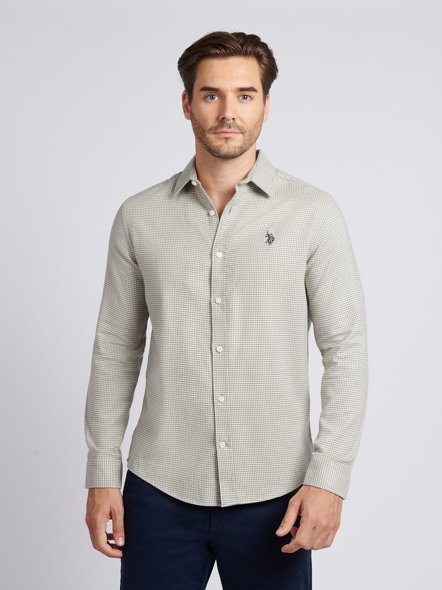 Mens Mini Houndstooth Shirt in Mid Grey Marl