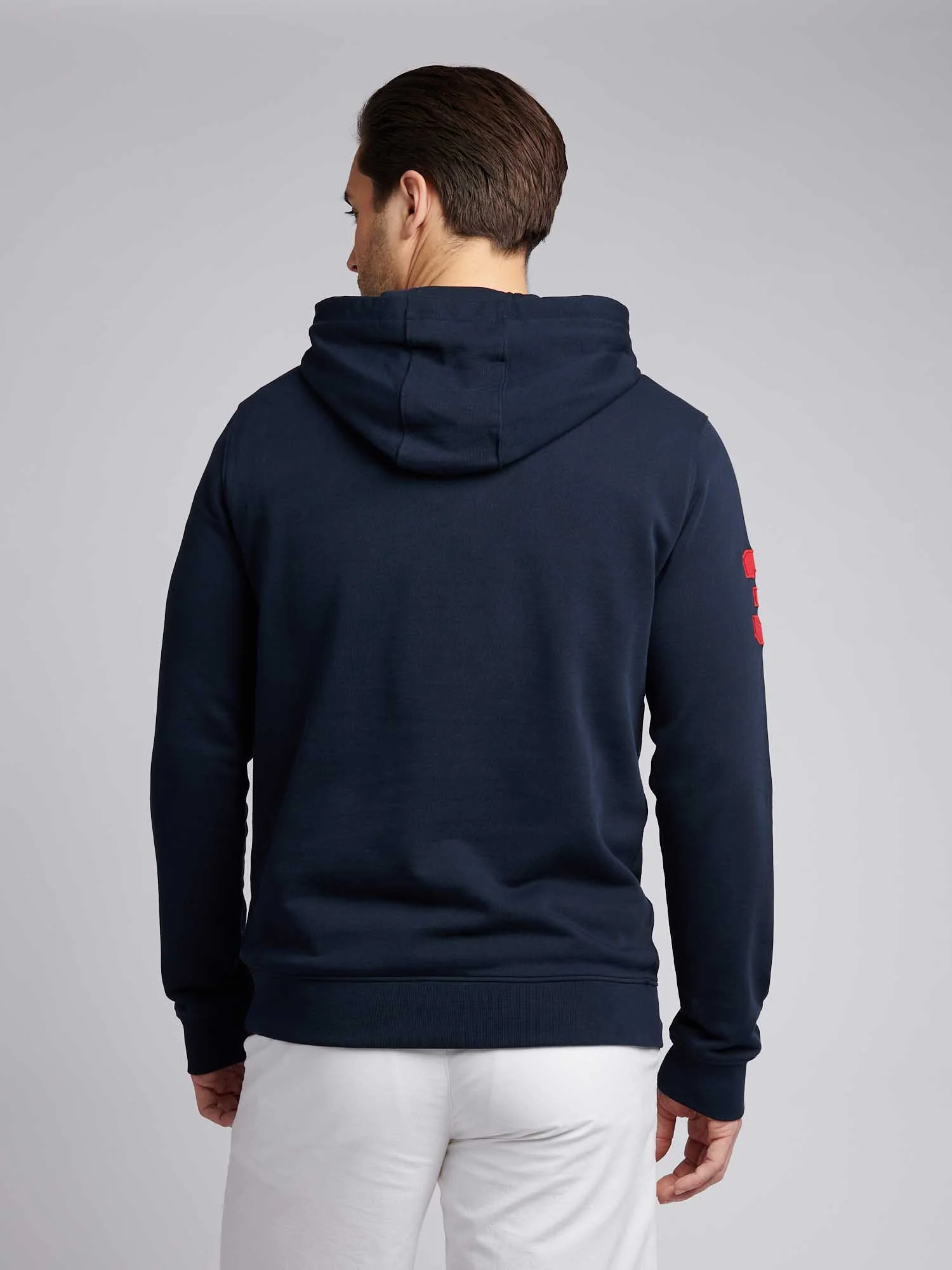 Mens Player 3 Loopback Hoodie in Dark Sapphire Navy / Haute Red DHM - Image 3