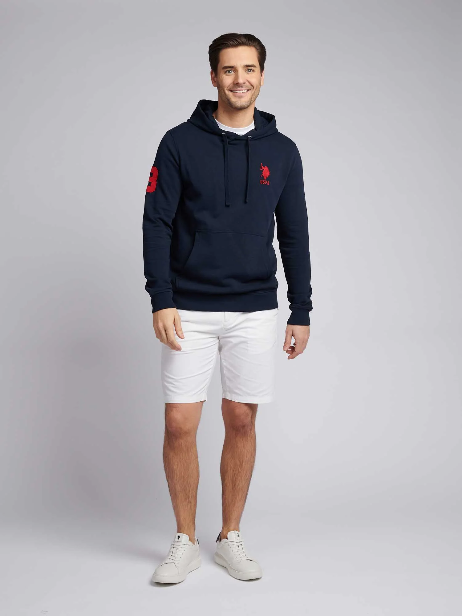 Mens Player 3 Loopback Hoodie in Dark Sapphire Navy / Haute Red DHM - Image 4