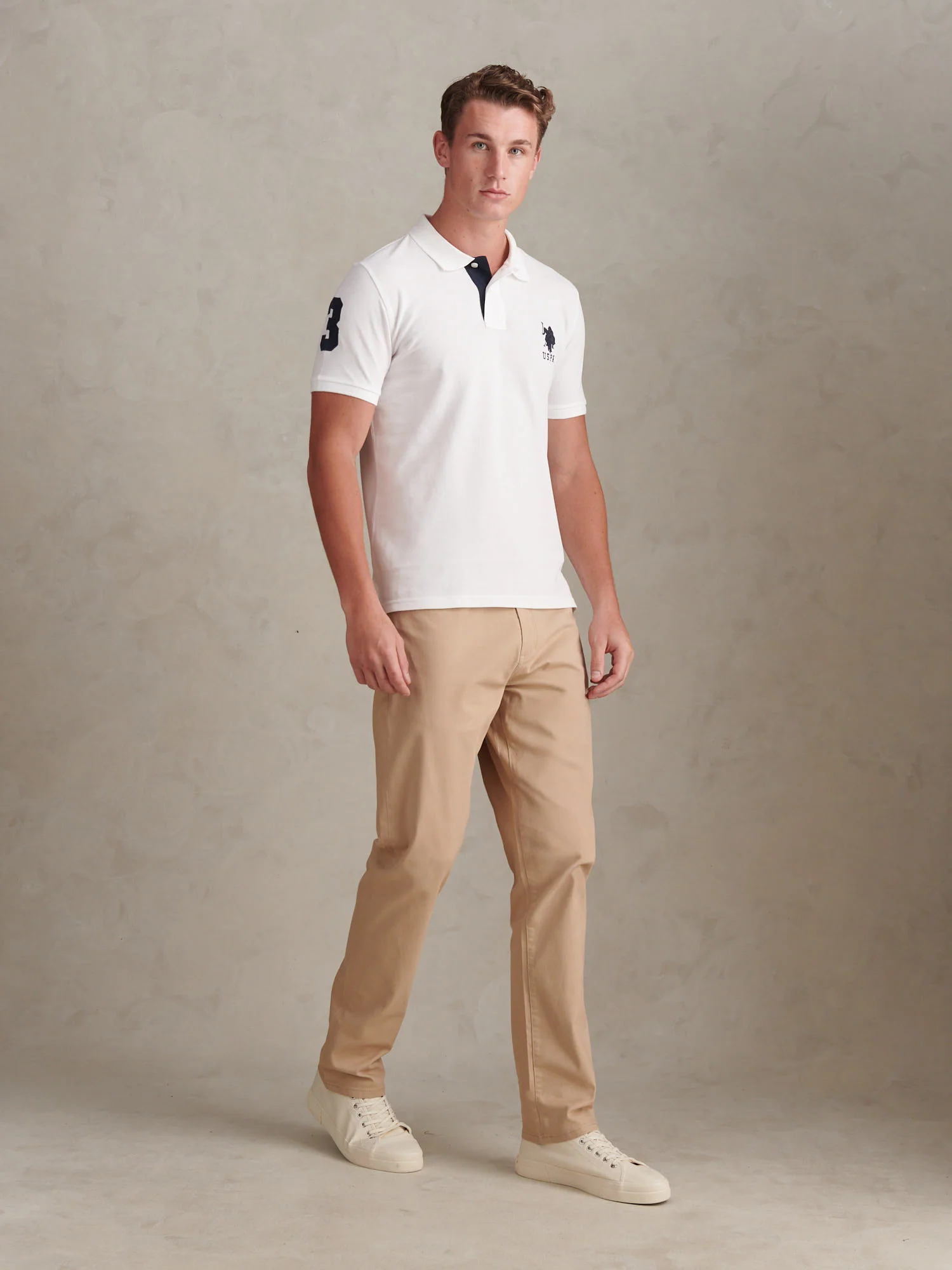 Mens Player 3 Polo Shirt White / Dark Sapphire Navy DHM - Image 3