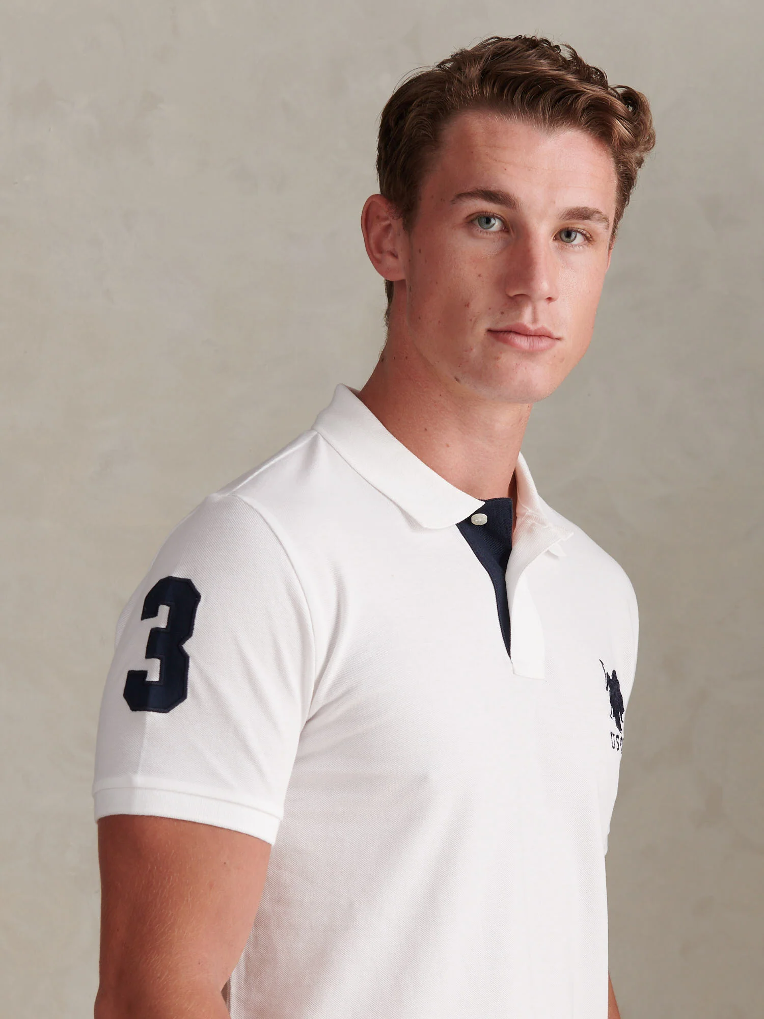 Mens Player 3 Polo Shirt White / Dark Sapphire Navy DHM - Image 5
