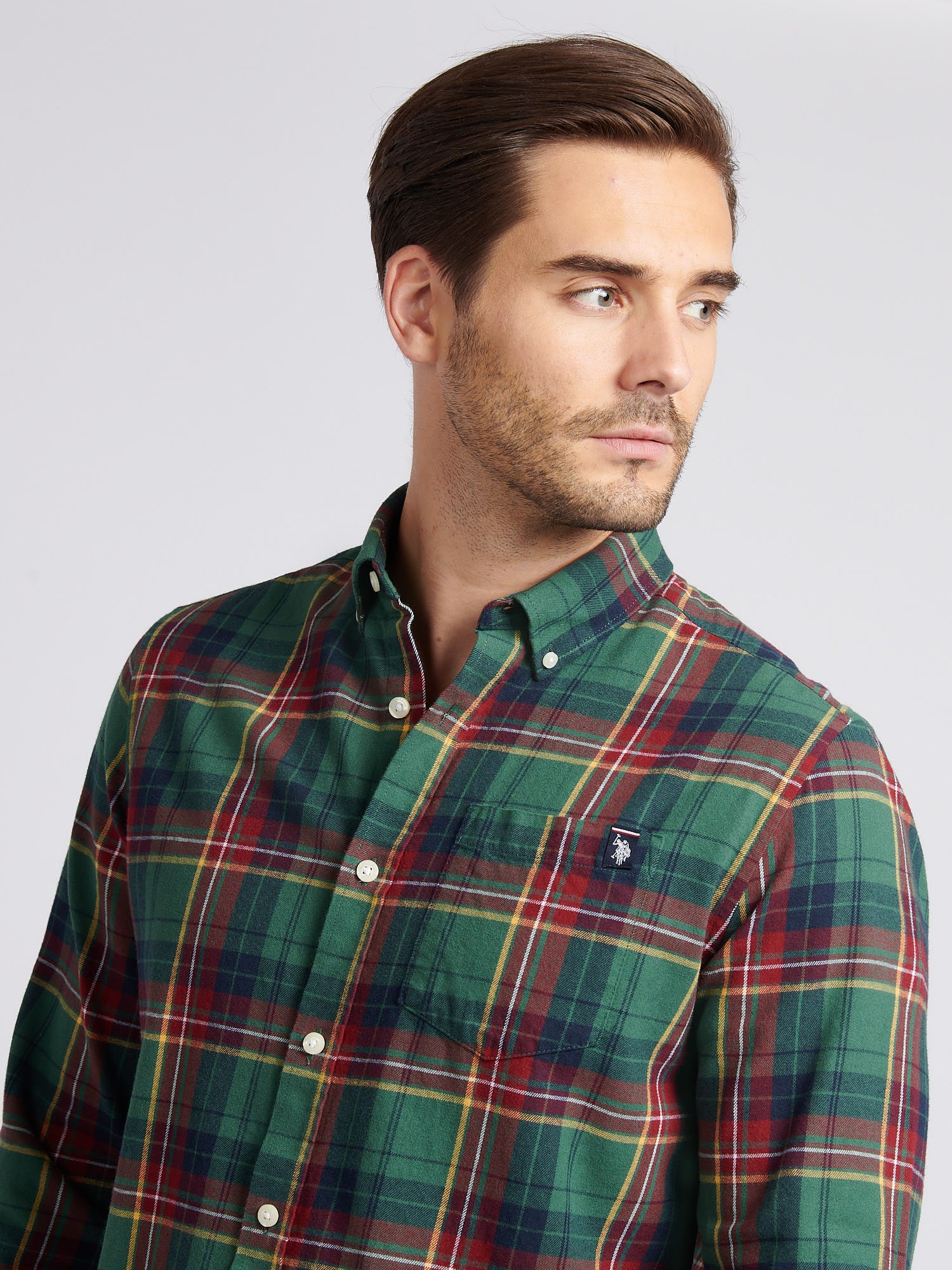 Mens Pocketed Checked Buttondown Shirt in Pineneedle - Image 2