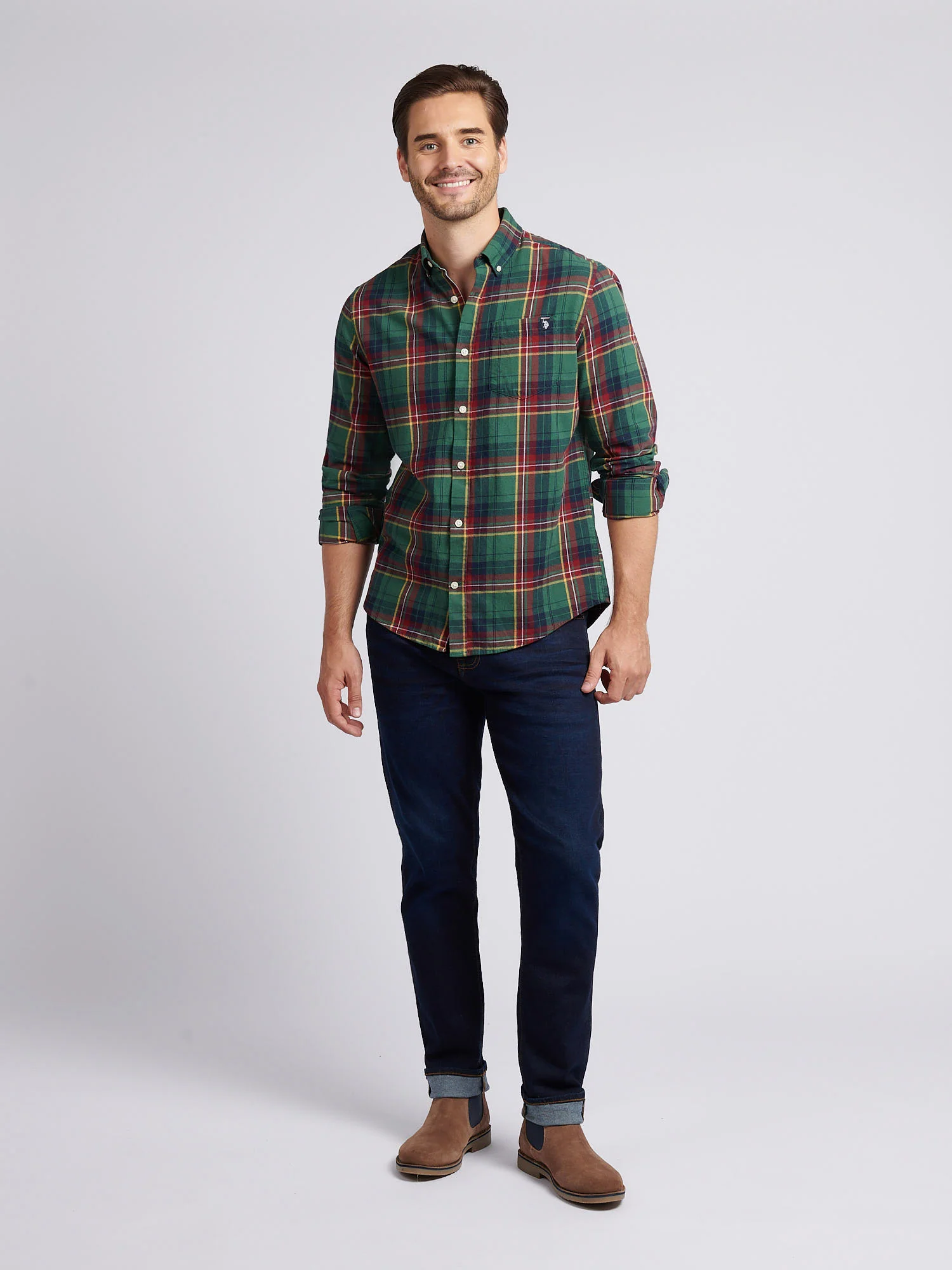 Mens Pocketed Checked Buttondown Shirt in Pineneedle - Image 3