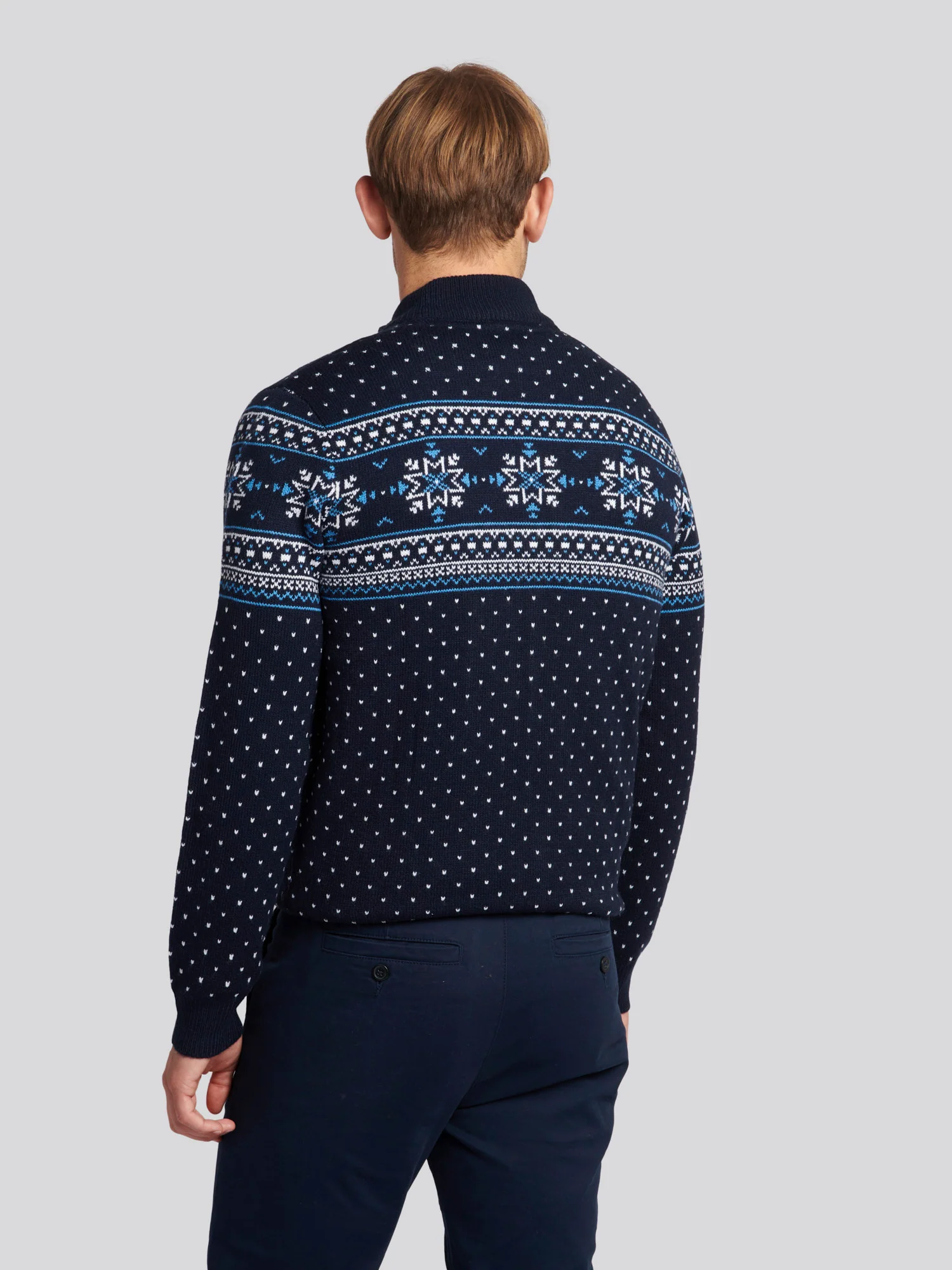 Mens Quarter Zip Fair Isle Sweatshirt in Navy Blue - Image 4
