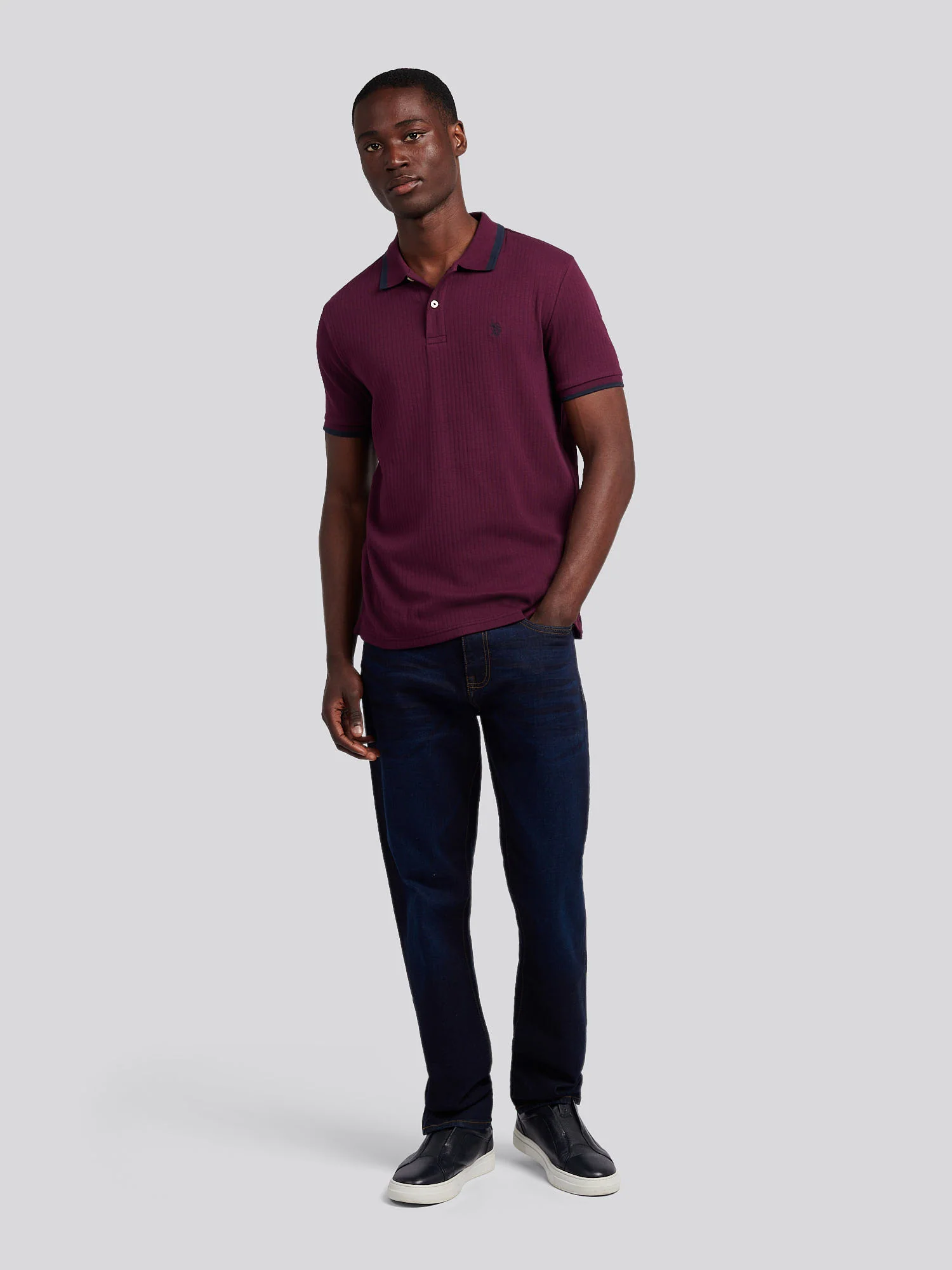 Mens Rib Texture Polo Shirt in Grape Wine - Image 4