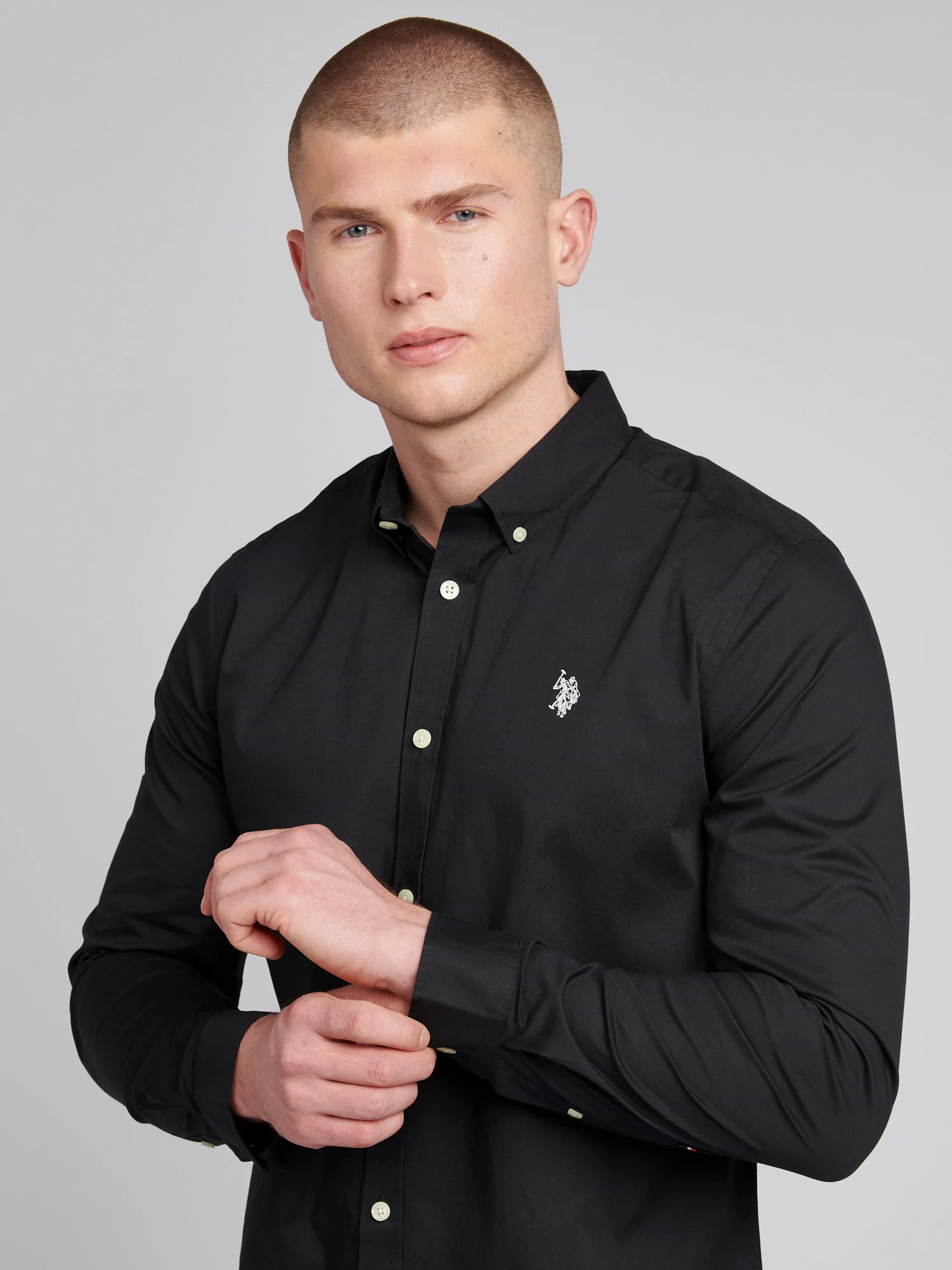 Mens Stretch Cotton Poplin Shirt Black Bright White DHM - Image 2