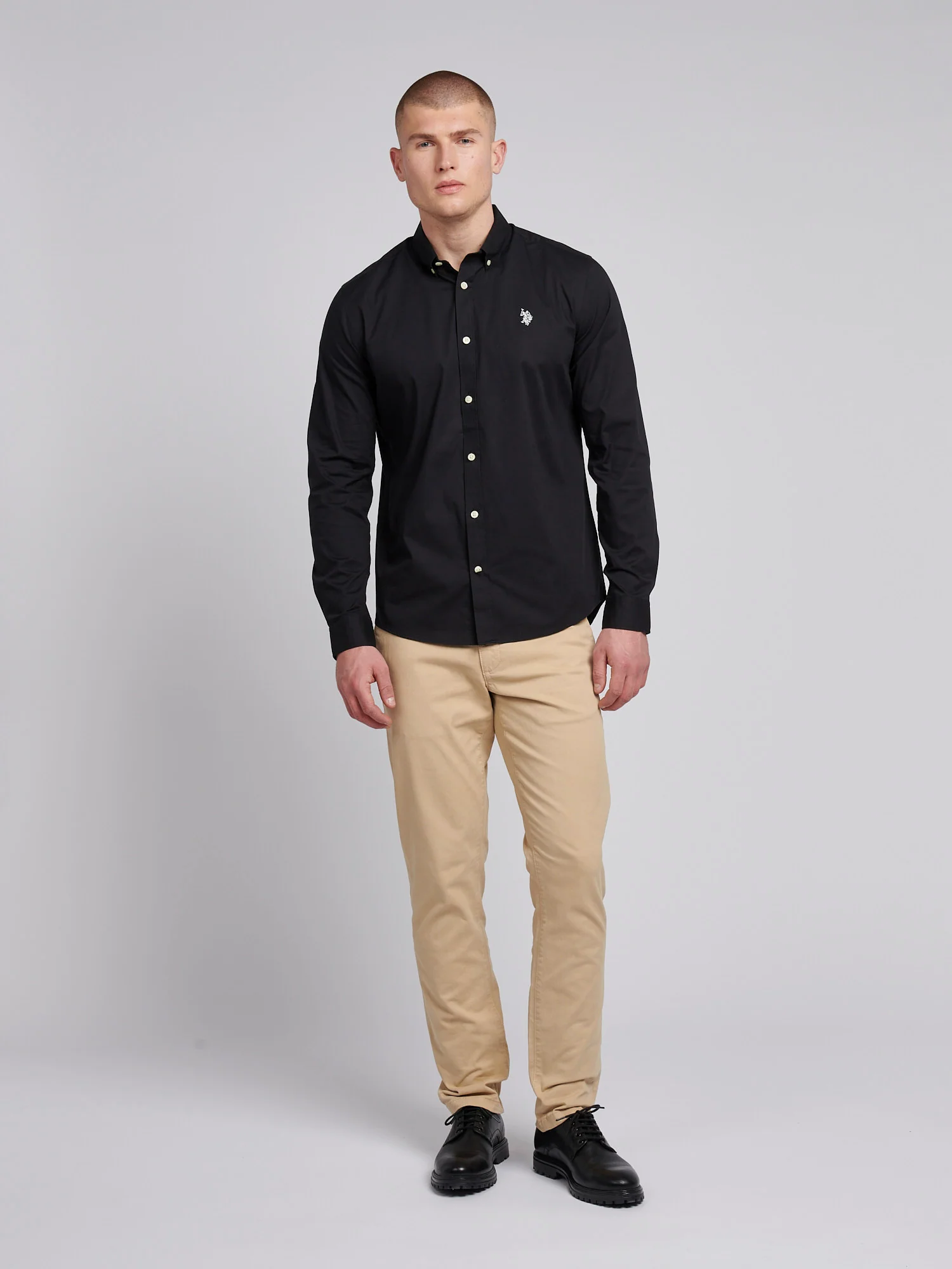 Mens Stretch Cotton Poplin Shirt Black Bright White DHM - Image 3