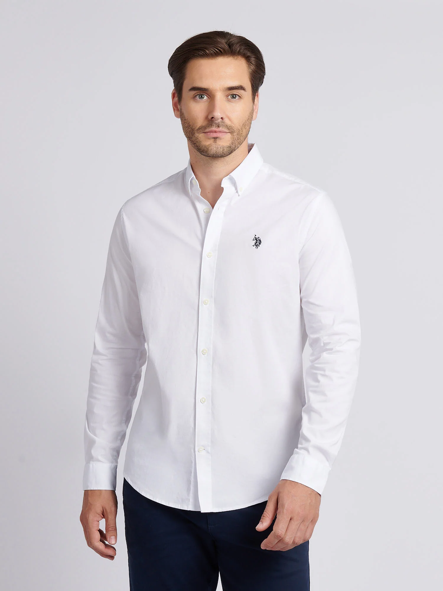 Mens Stretch Cotton Poplin Shirt White / Dark Sapphire Navy DHM