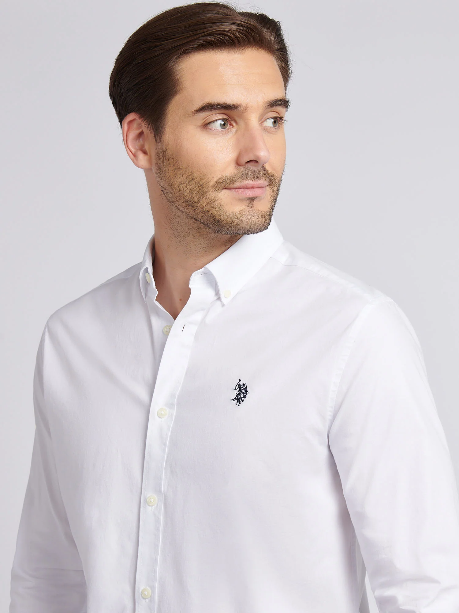 Mens Stretch Cotton Poplin Shirt White / Dark Sapphire Navy DHM - Image 2