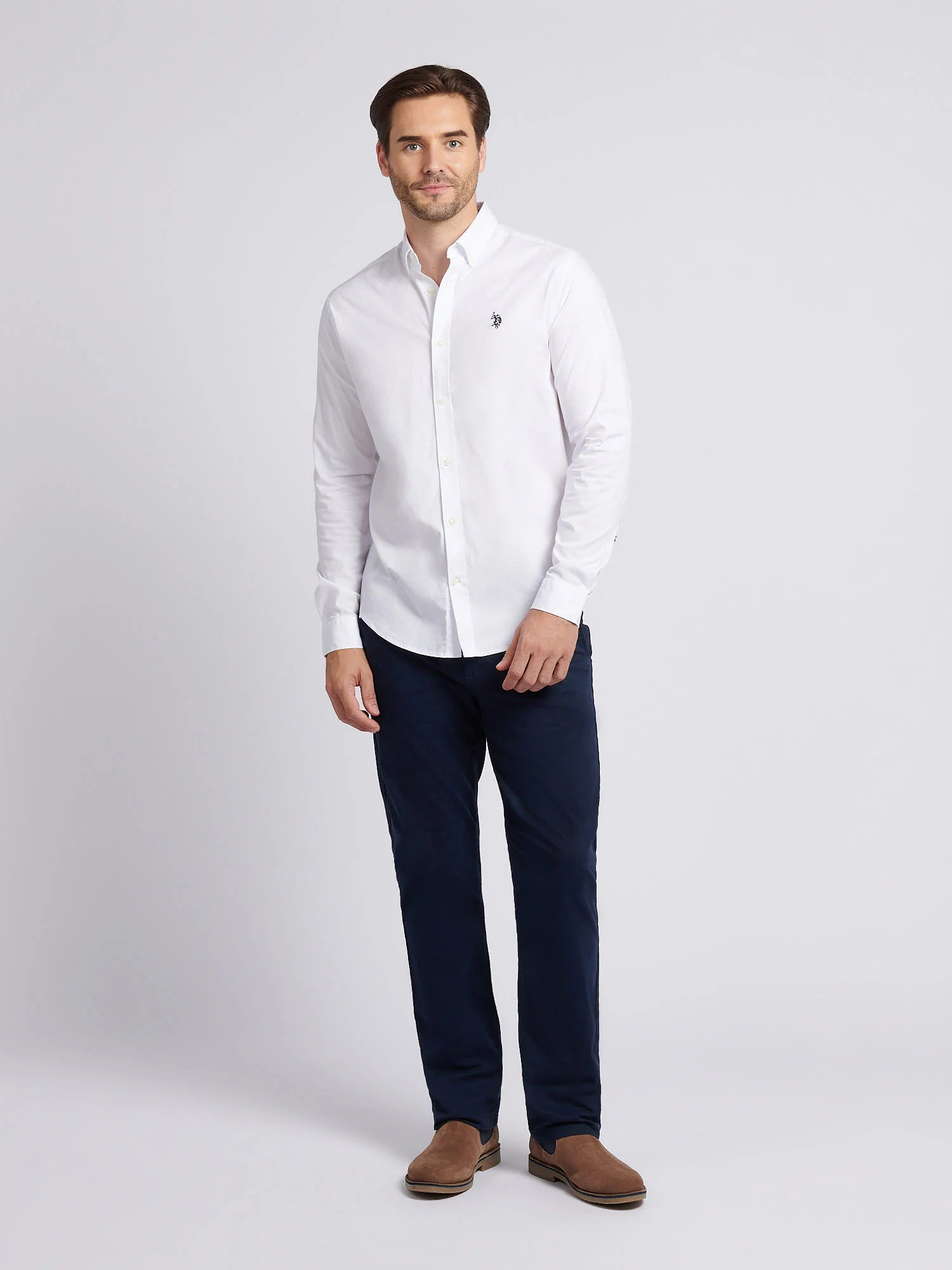 Mens Stretch Cotton Poplin Shirt White / Dark Sapphire Navy DHM - Image 3