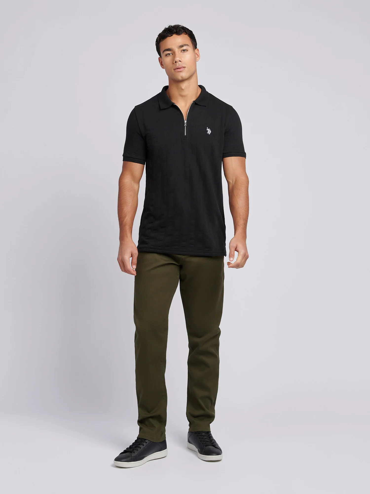 Mens Stripe Textured Zip Polo Shirt in Black Bright White DHM - Image 3