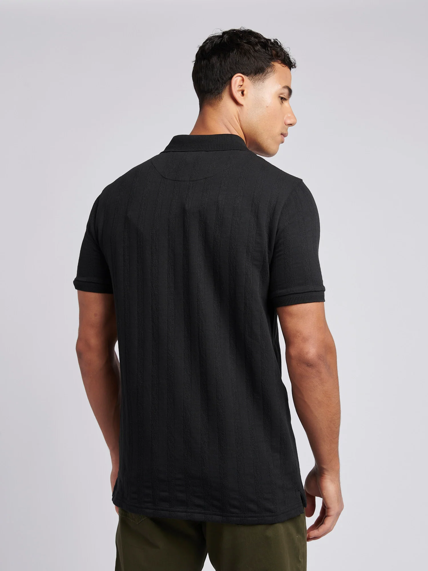 Mens Stripe Textured Zip Polo Shirt in Black Bright White DHM - Image 4
