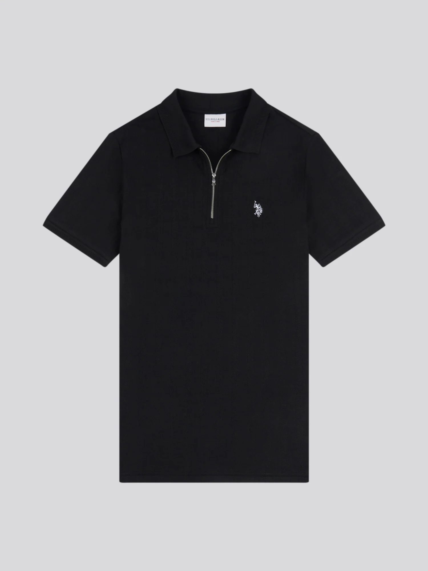 Mens Stripe Textured Zip Polo Shirt in Black Bright White DHM - Image 5