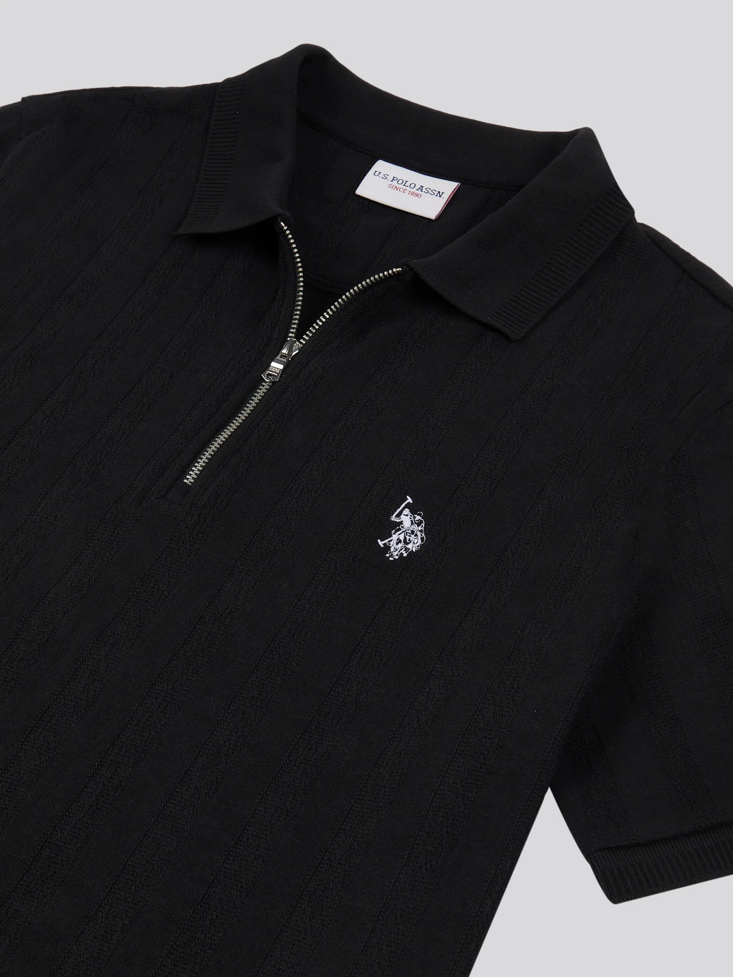 Mens Stripe Textured Zip Polo Shirt in Black Bright White DHM - Image 7