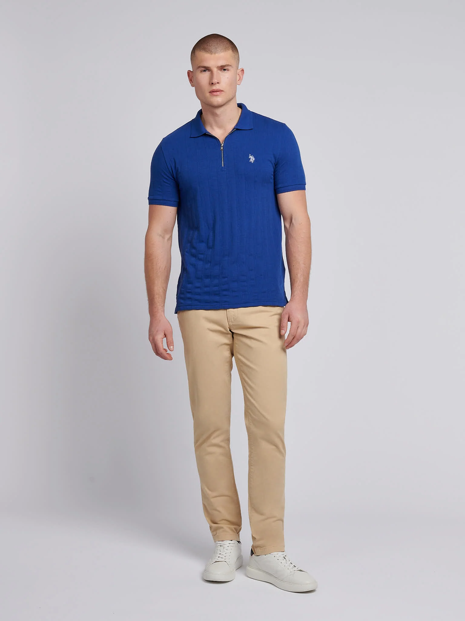 Mens Stripe Textured Zip Polo Shirt in Sodalite Blue - Image 3