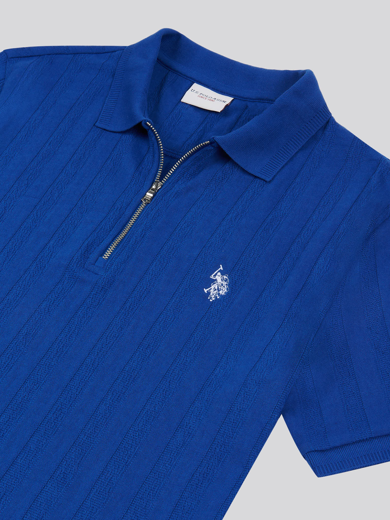 Mens Stripe Textured Zip Polo Shirt in Sodalite Blue - Image 7