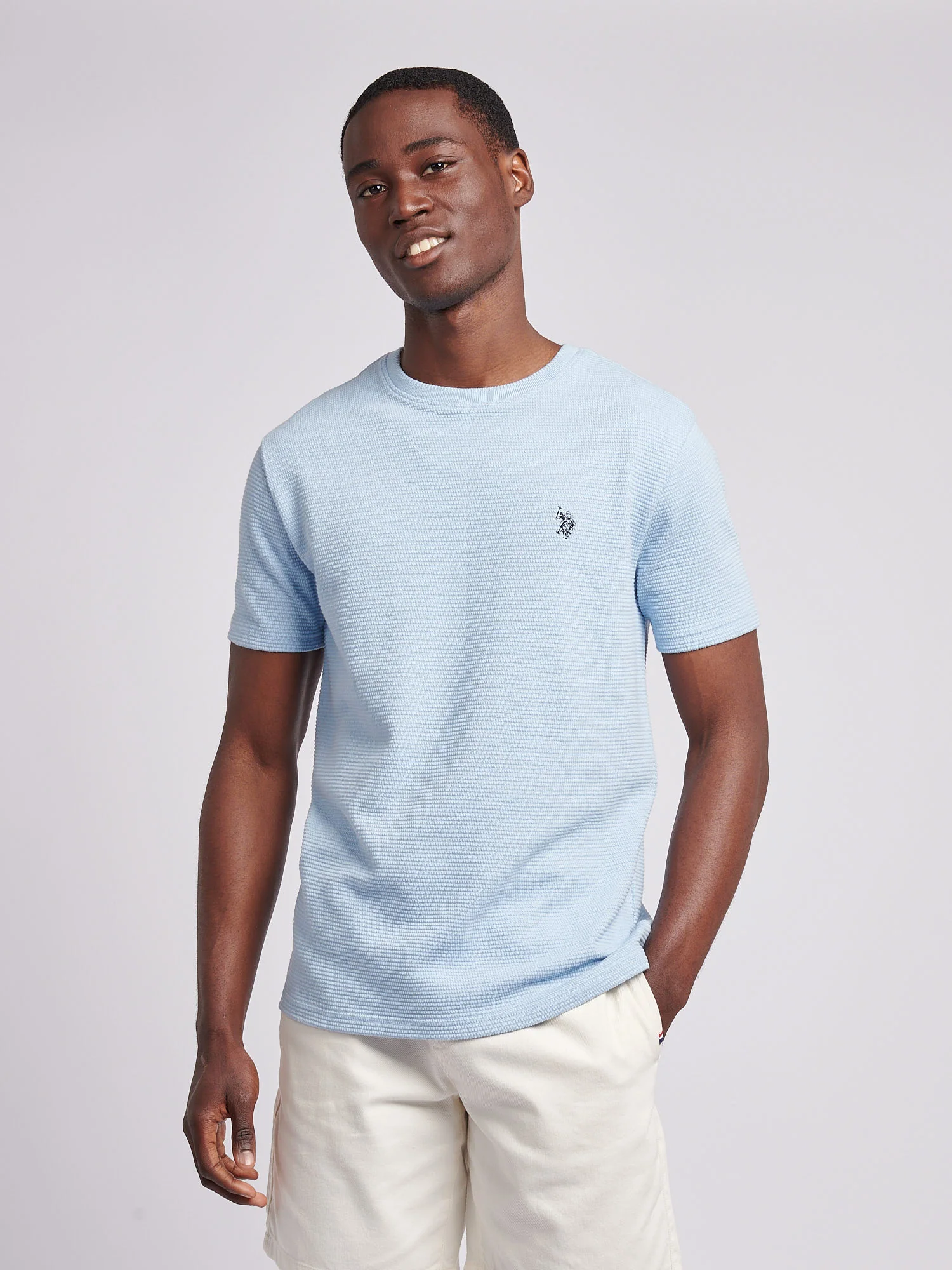 Mens Texture Double Horsemen T-Shirt in Chambray Blue