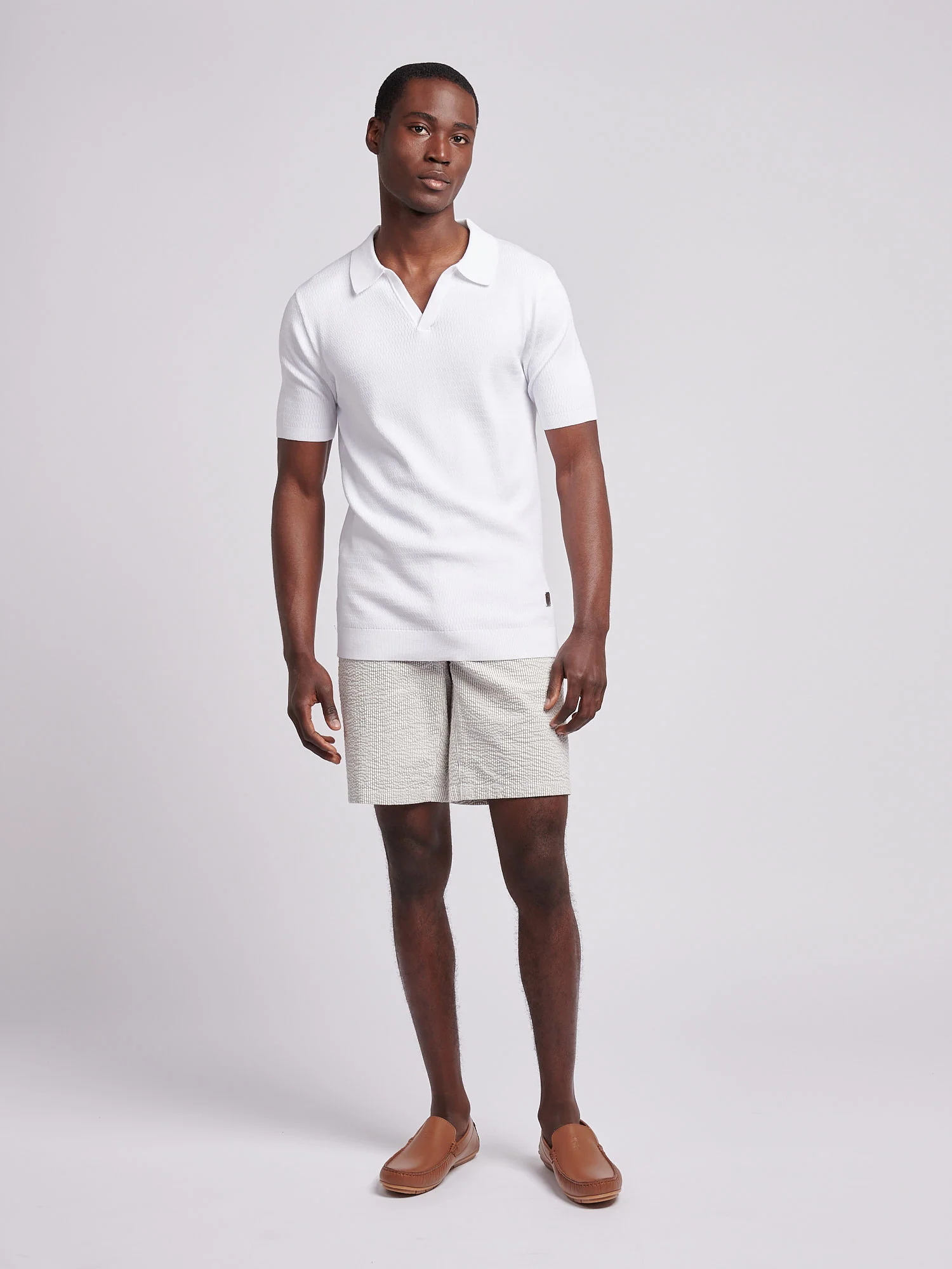 Mens Texture Open Collar Knit Polo Shirt in Bright White - Image 3