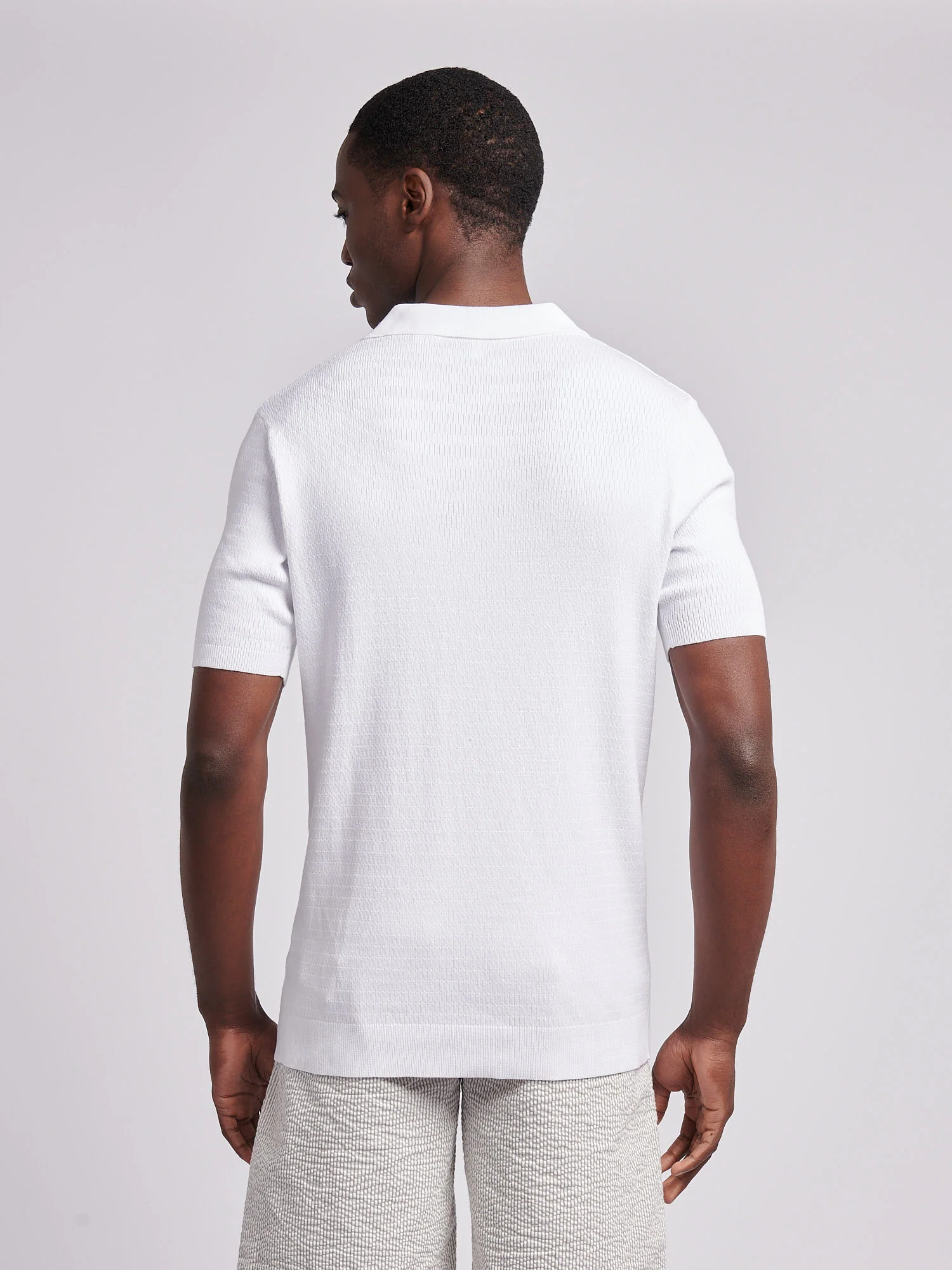 Mens Texture Open Collar Knit Polo Shirt in Bright White - Image 4