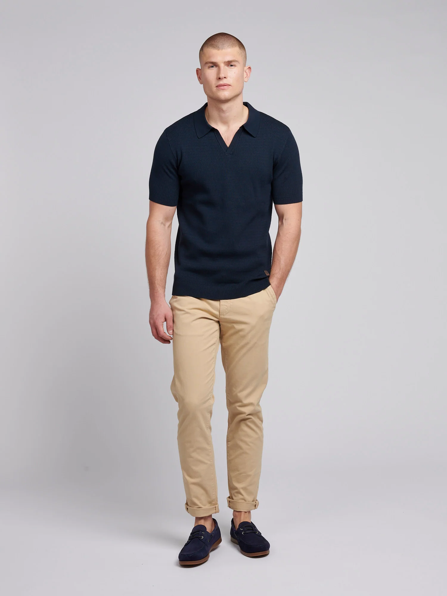 Mens Texture Open Collar Knit Polo Shirt in Dark Sapphire Navy - Image 3