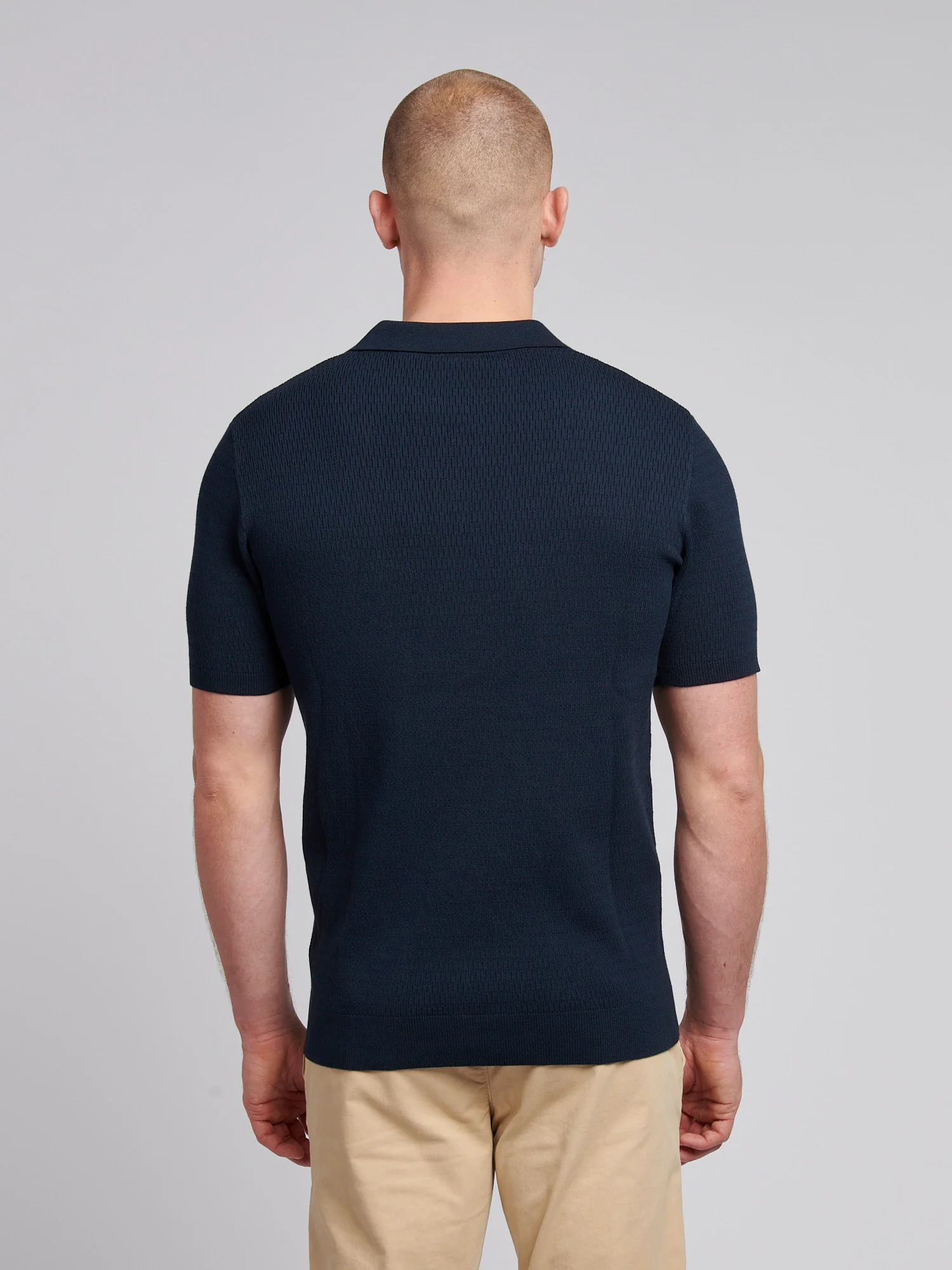 Mens Texture Open Collar Knit Polo Shirt in Dark Sapphire Navy - Image 4