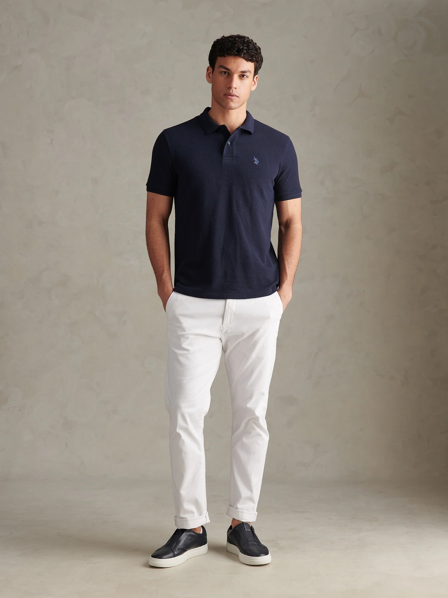 Mens Texture Terry Polo Shirt Dark Sapphire Navy / Moonlight Blue DHM - Image 3