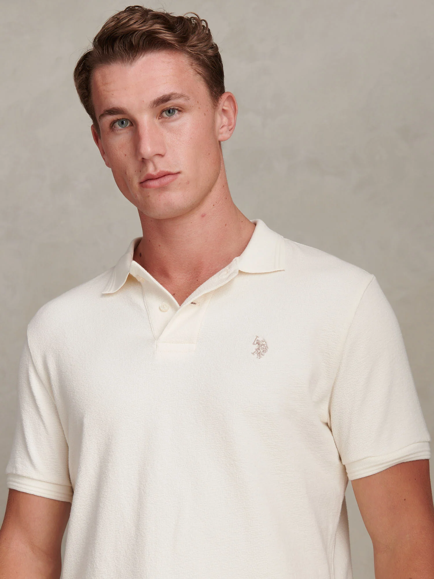Mens Texture Terry Polo Shirt Whisper White - Image 2