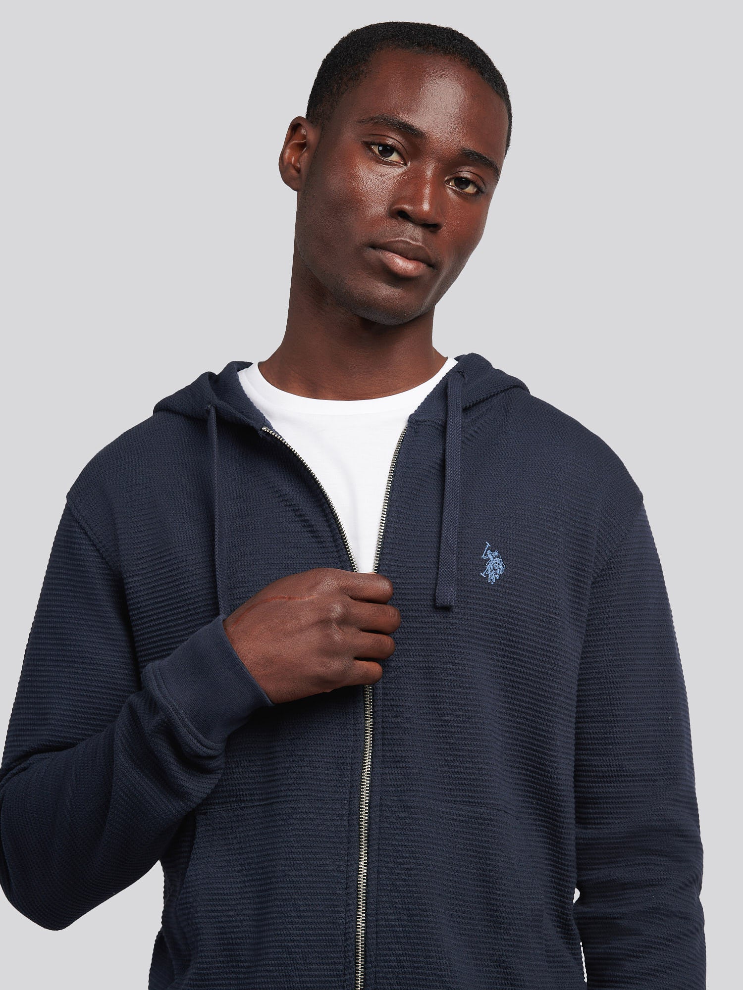Mens Texture Zip Through Hood in Dark Sapphire Navy / Moonlight Blue DHM - Image 2