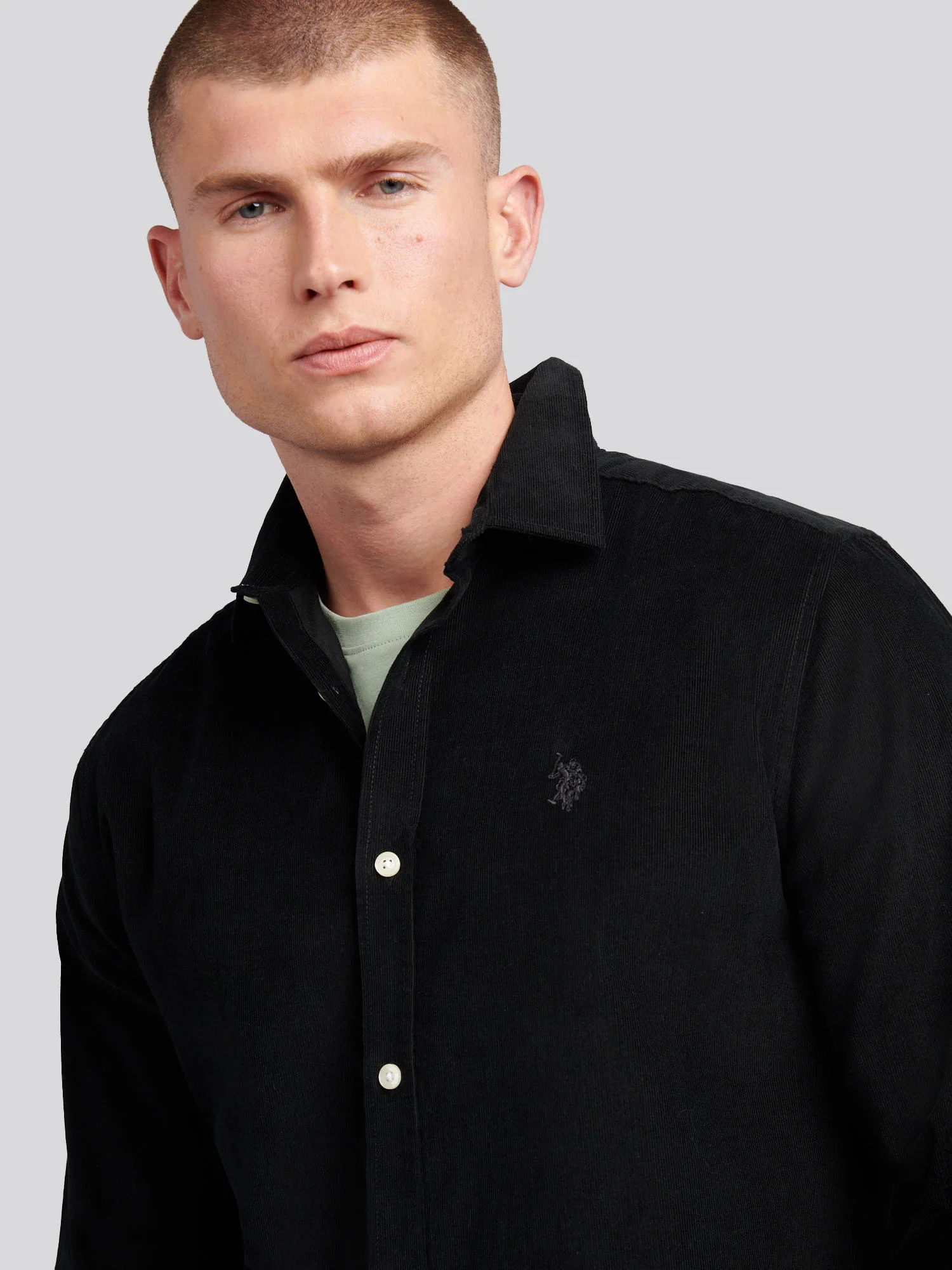 Mens Textured Corduroy Shirt in Black - Image 2