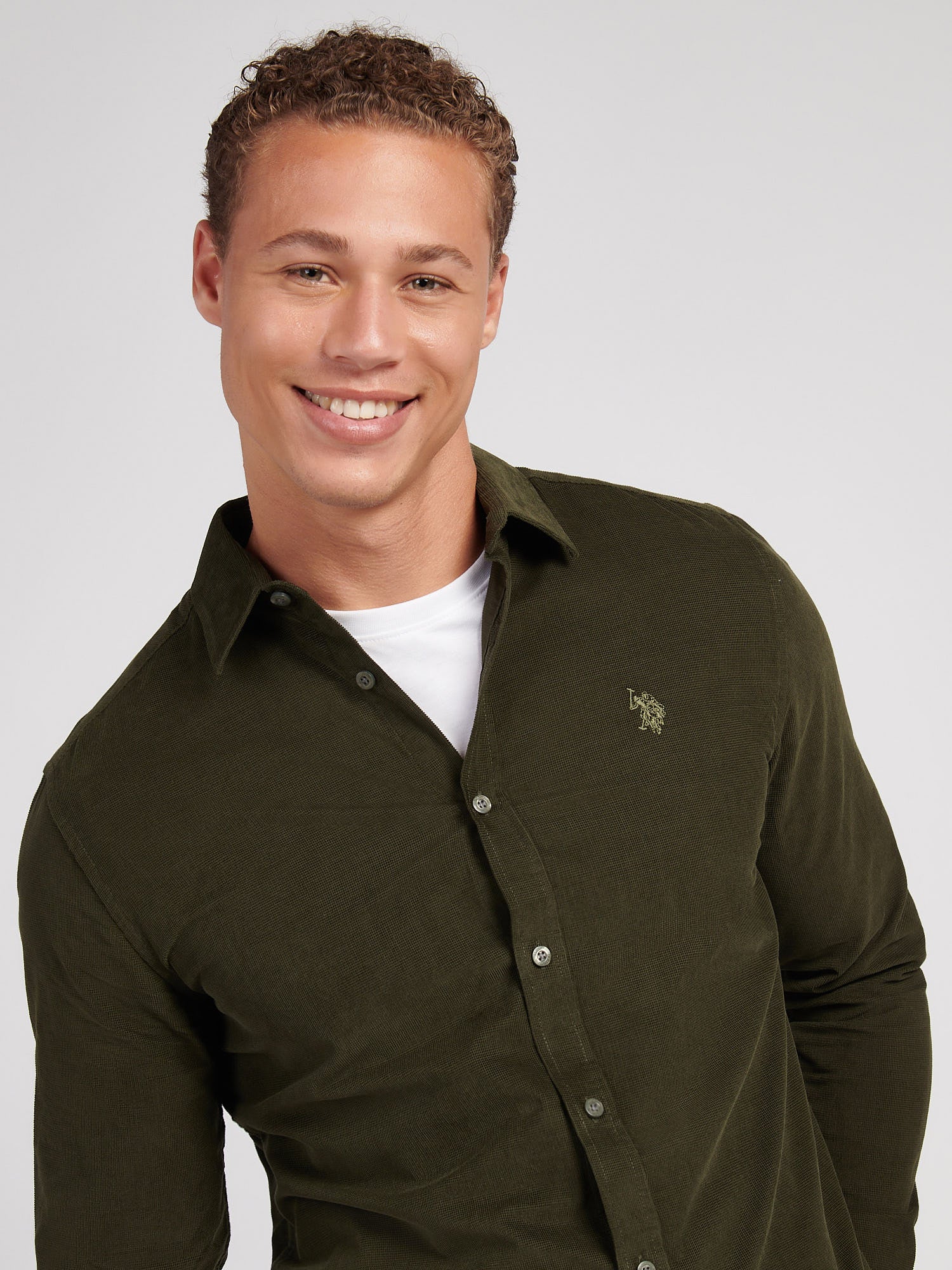 Mens Textured Corduroy Shirt in Forest Night - Image 2