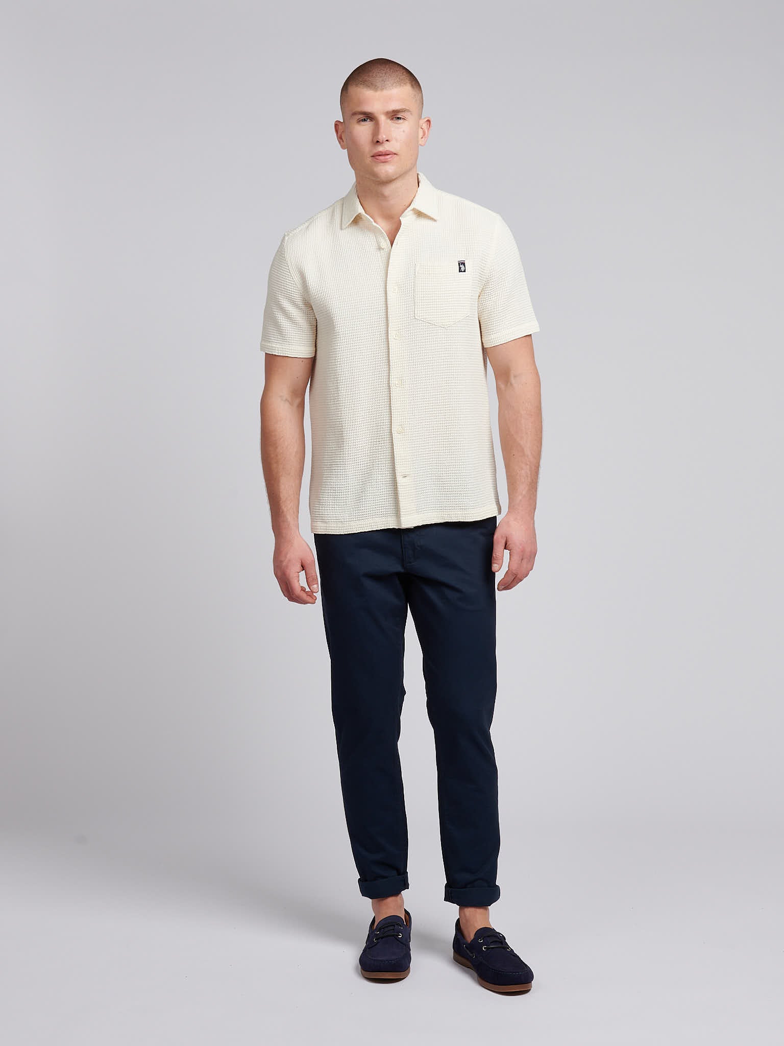 Mens  Textured Waffle Short Sleeve Shirt in Bright White - Image 3
